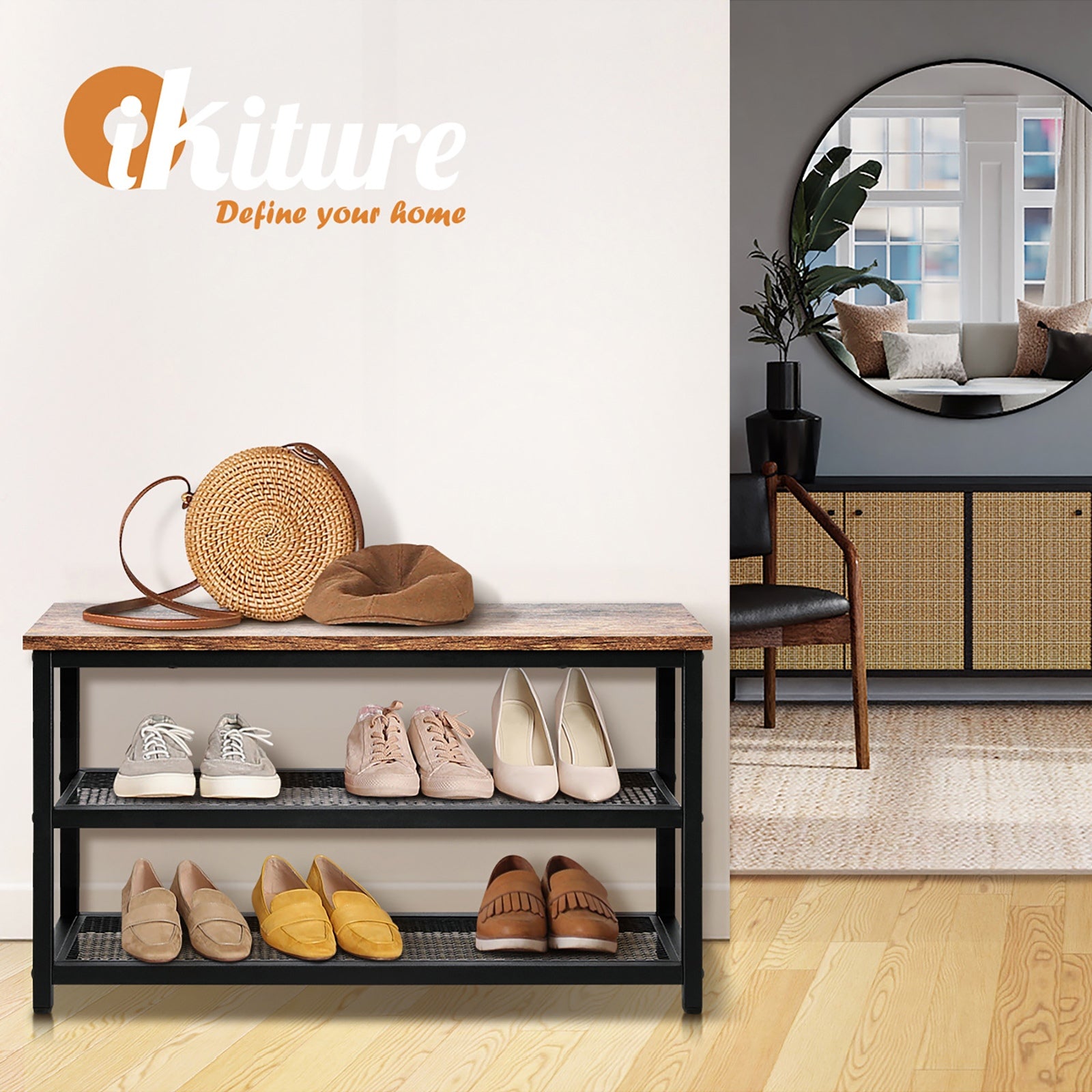 Oikiture Shoe Cabinet Bench Shoes Rack Shelf Storage 3-Tier Industrial Furniture - Sunyee