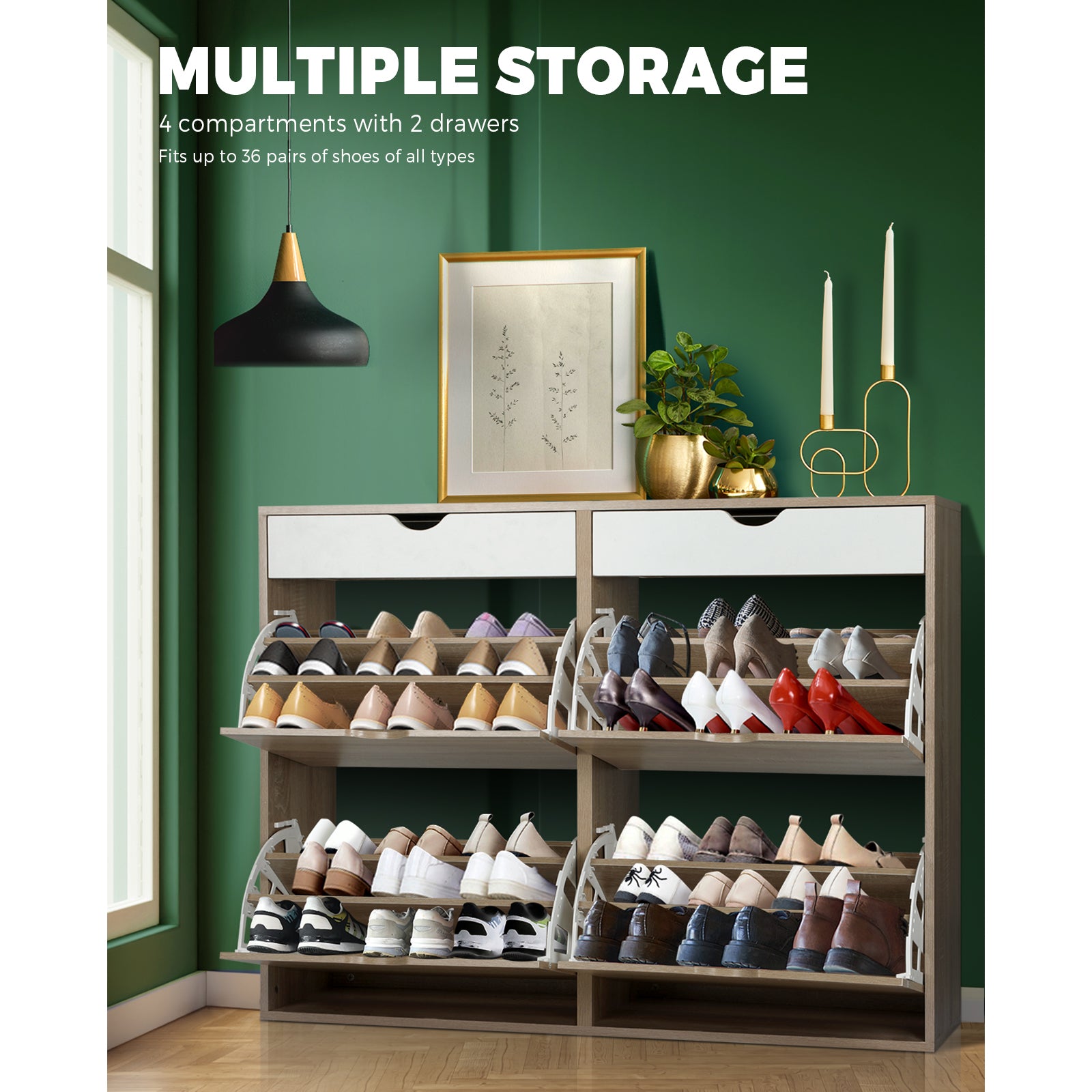 Oikiture 2 Tiers Shoe Cabinet Shoes Storage 36 Pairs Rack Organiser Shelf Drawer - Sunyee