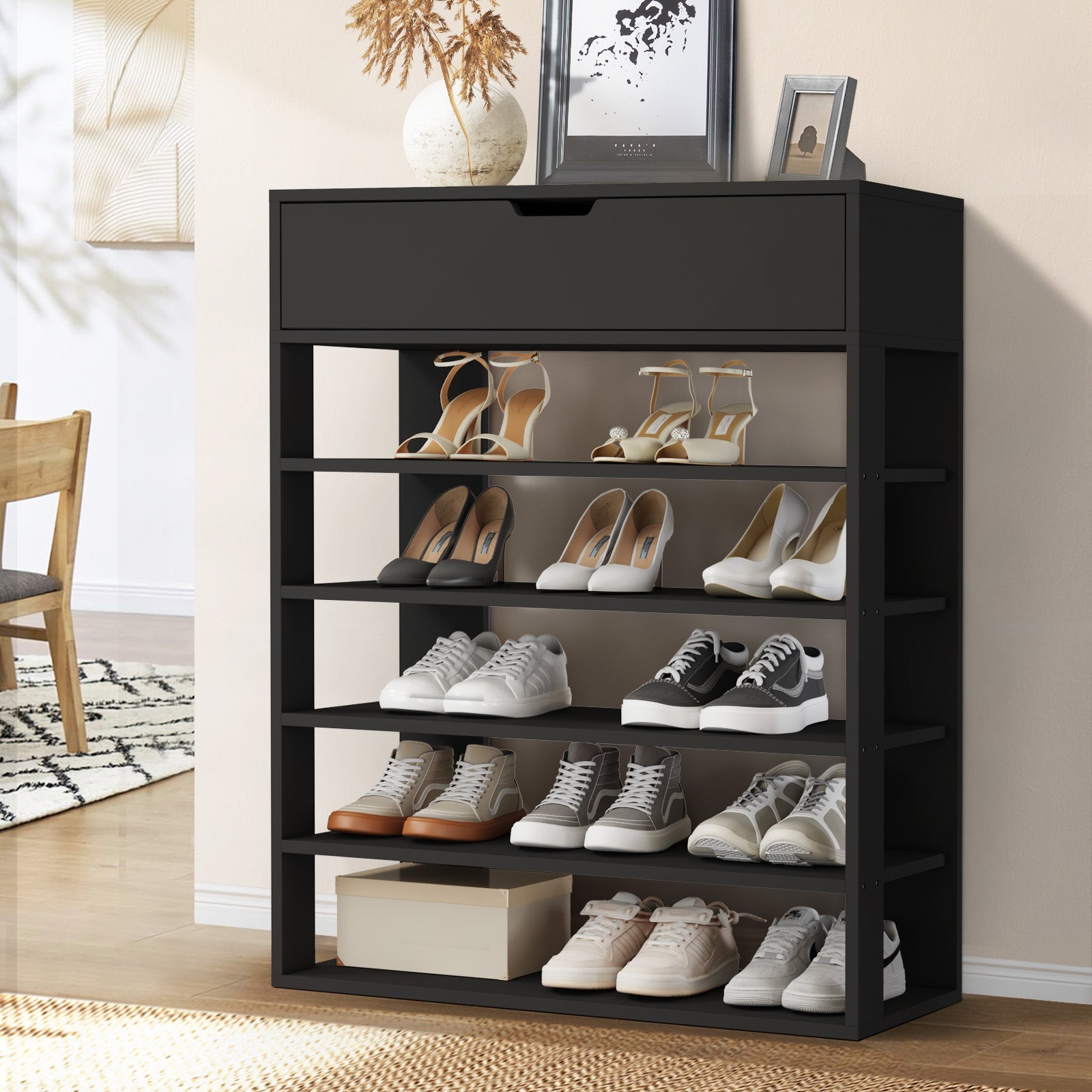 Oikiture Shoes Storage Rack 5-tier Shelves Shoe Storage Cabinet Drawer Black - Sunyee