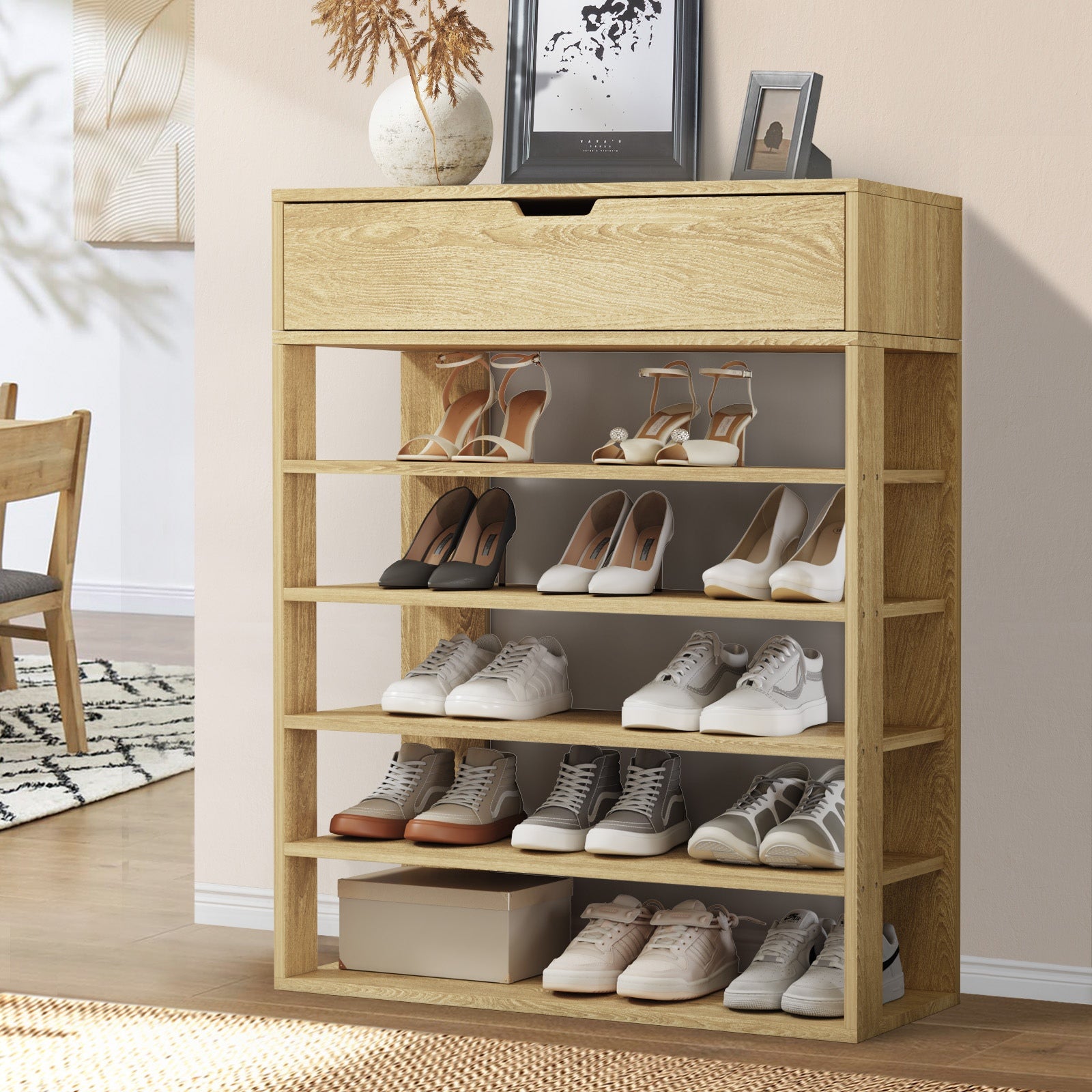 Oikiture Shoes Storage Rack 5-tier Shelves Shoe Storage Cabinet Drawer Natural - Sunyee