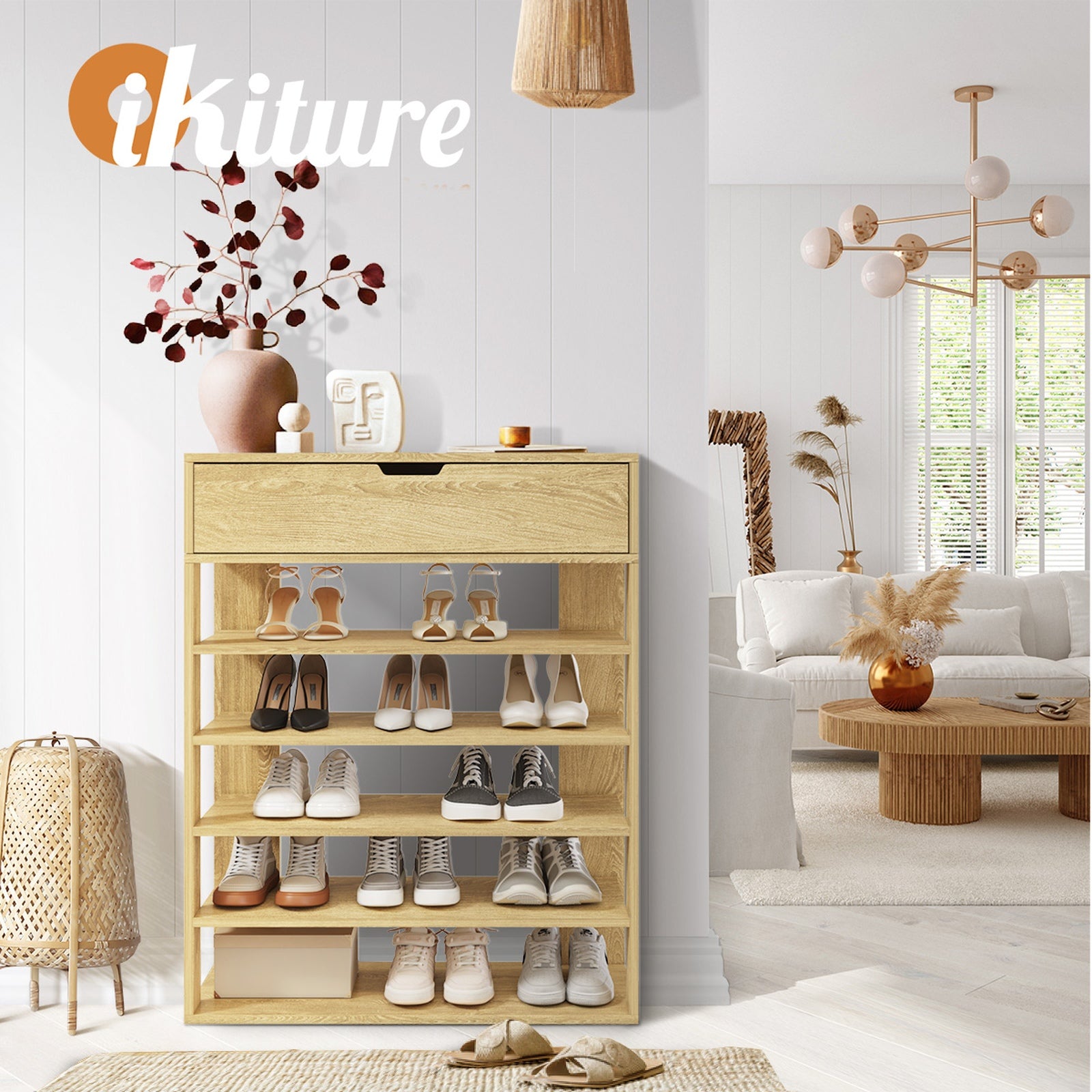 Oikiture Shoes Storage Rack 5-tier Shelves Shoe Storage Cabinet Drawer Natural - Sunyee