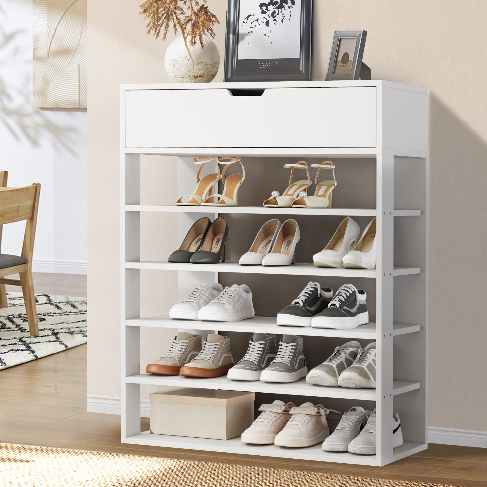 Oikiture Shoes Storage Rack 5-tier Shelves Shoe Storage Cabinet Drawer White - Sunyee