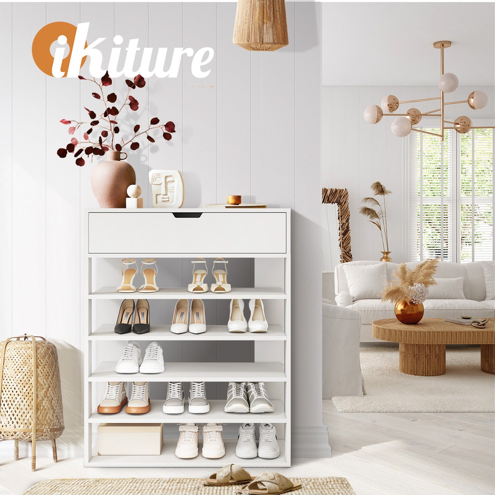 Oikiture Shoes Storage Rack 5-tier Shelves Shoe Storage Cabinet Drawer White - Sunyee