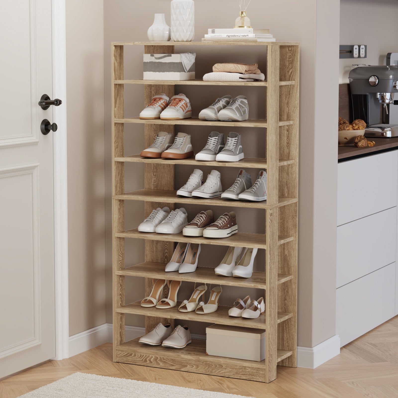 Oikiture 9 Tiers Shoe Rack Open Shelf Storage Organiser White/Natural/Black