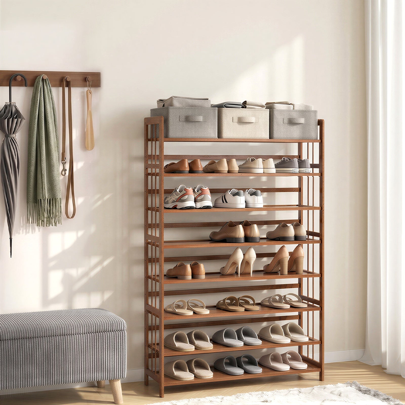 Oikiture Shoe Rack Storage Organizer Bamboo Stand 8 Shelves Brown