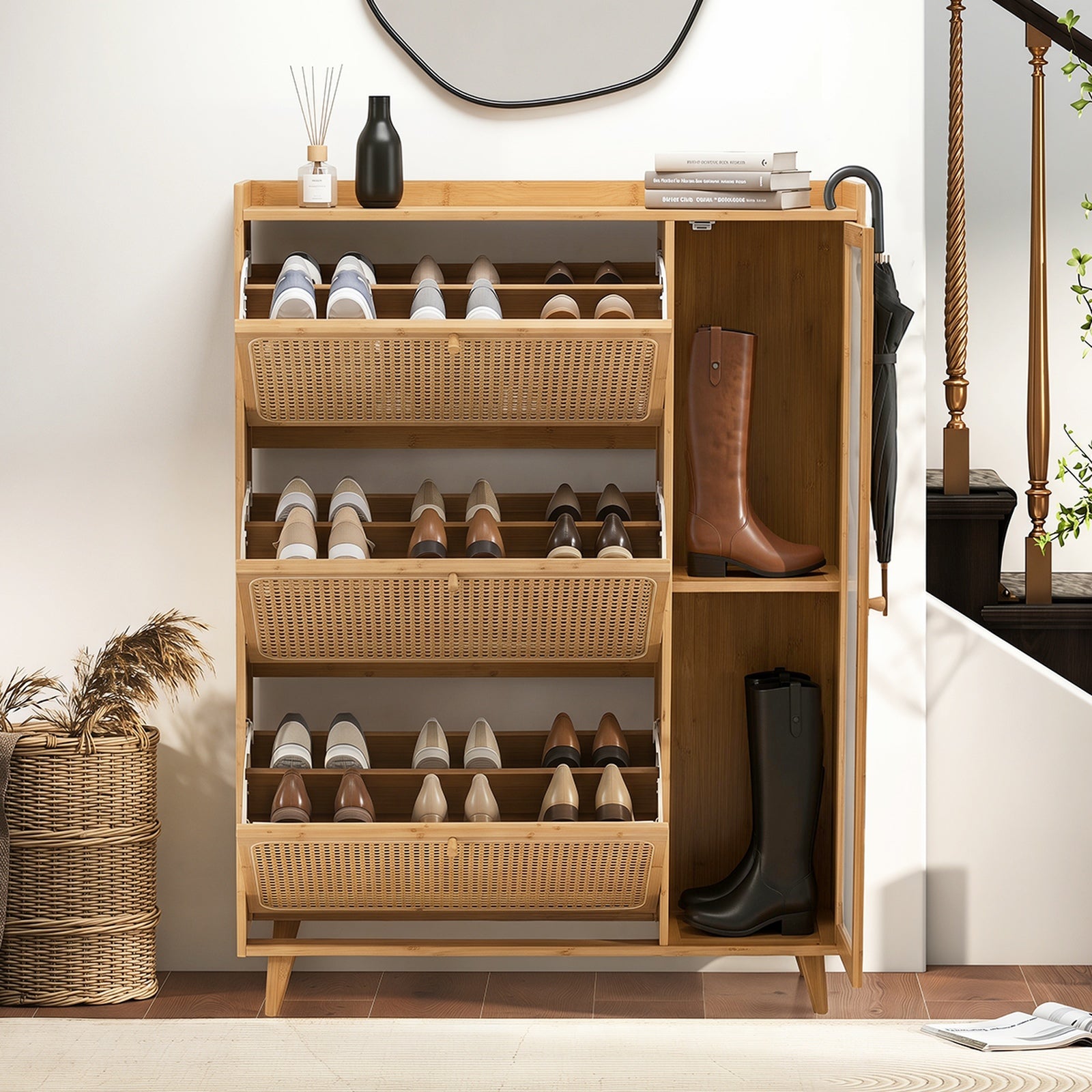 Oikiture Bamboo Shoe Storage Cabinet 3 Compartments Rack Single Door Natural