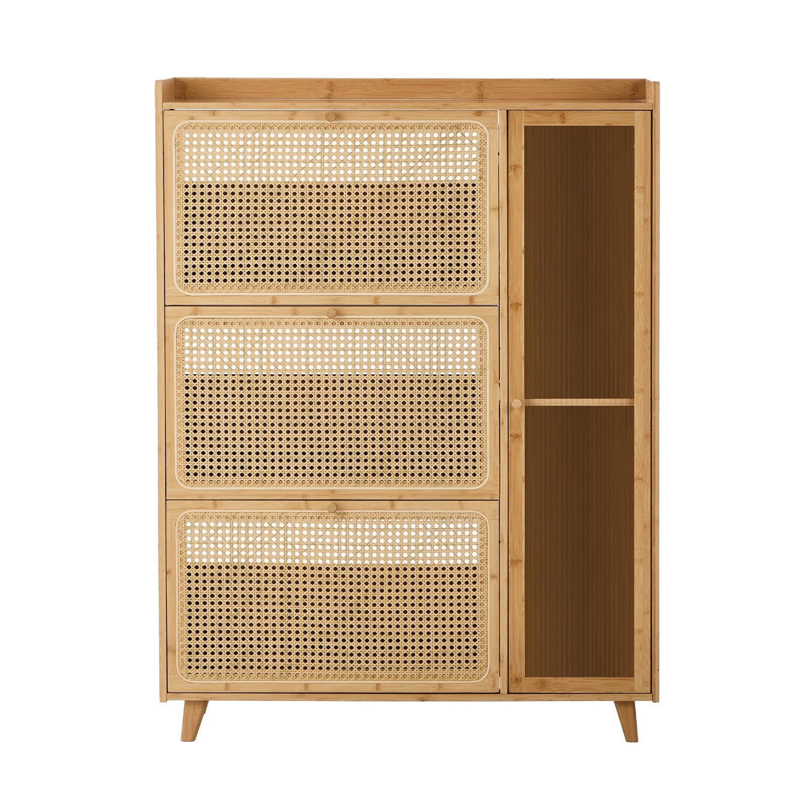 Oikiture Bamboo Shoe Storage Cabinet 3 Compartments Rack Single Door Natural