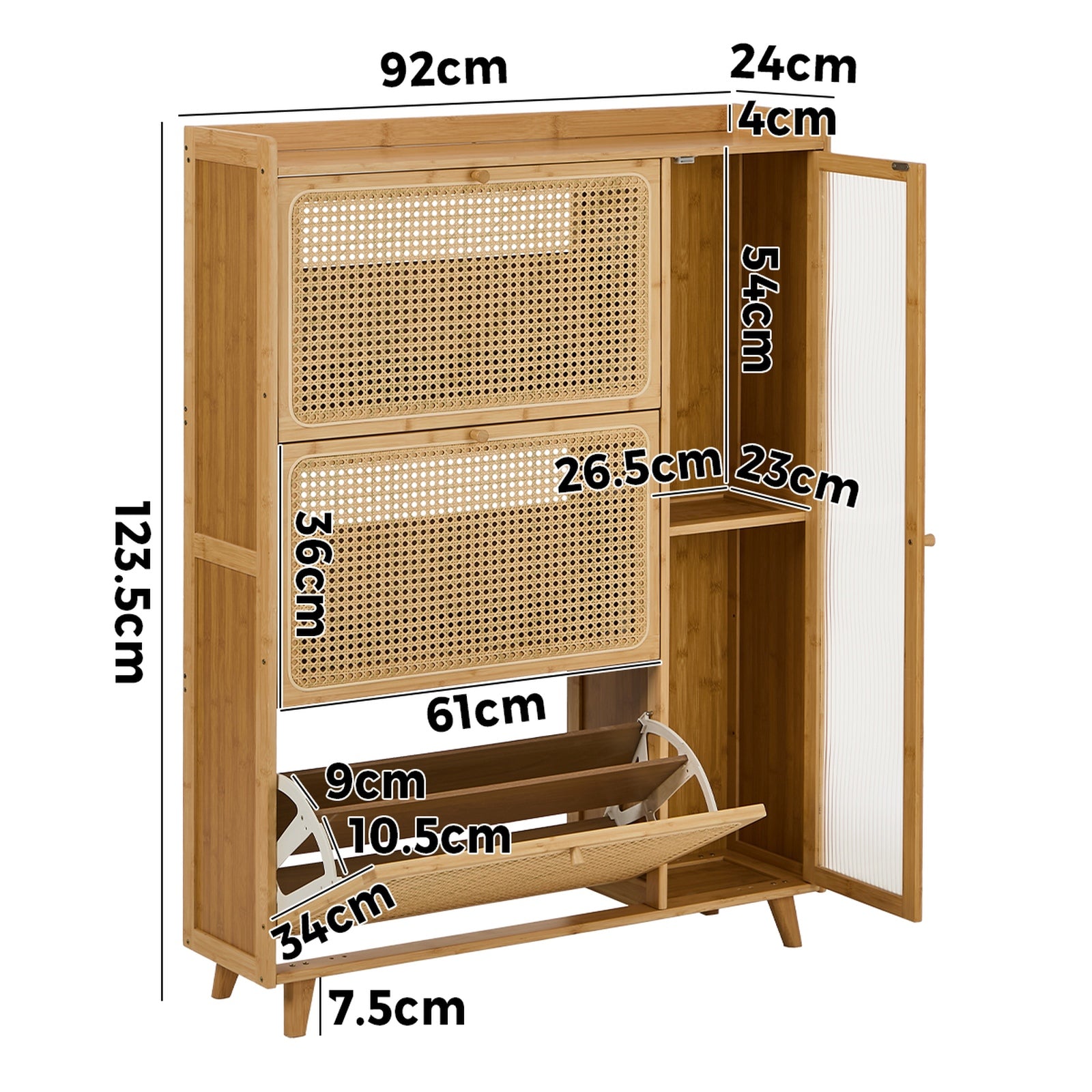 Oikiture Bamboo Shoe Storage Cabinet 3 Compartments Rack Single Door Natural