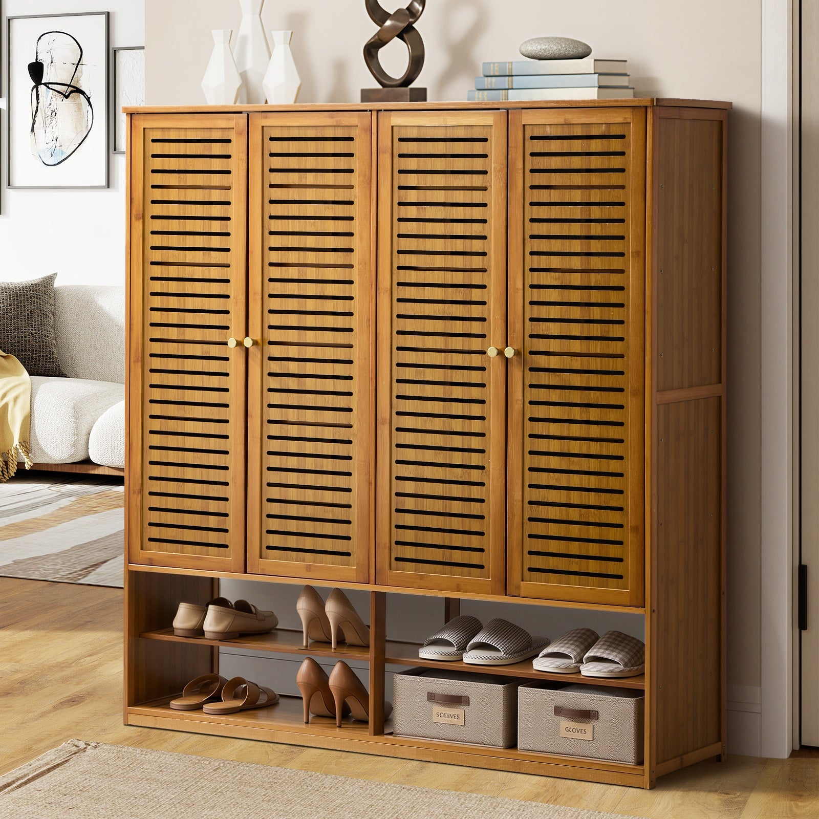 Oikiture Shoe Storage Cabinet 4 Doors Bamboo Organiser with 2 Bottom Shelf Brown