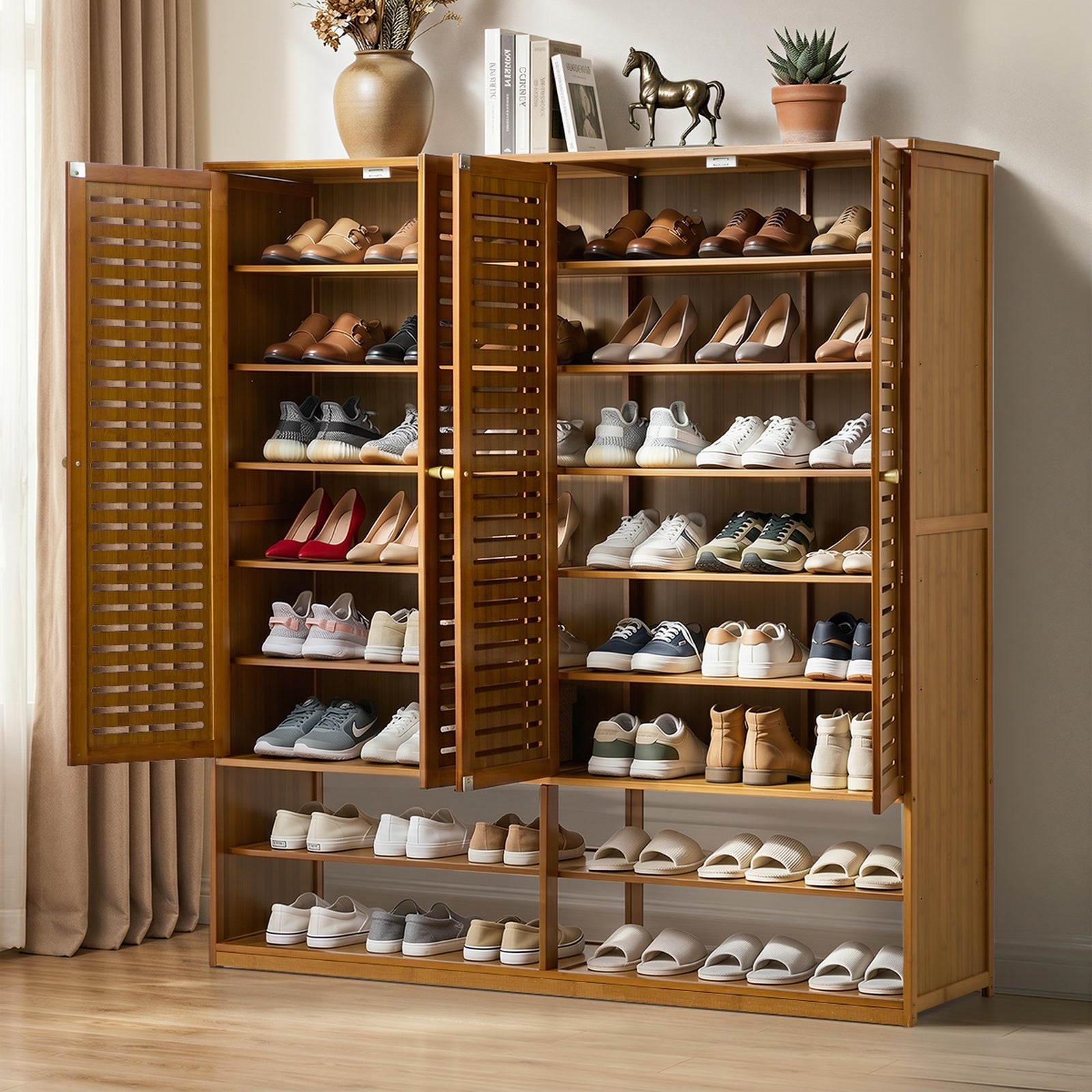 Oikiture Shoe Storage Cabinet 4 Doors Bamboo Organiser with 2 Bottom Shelf Brown