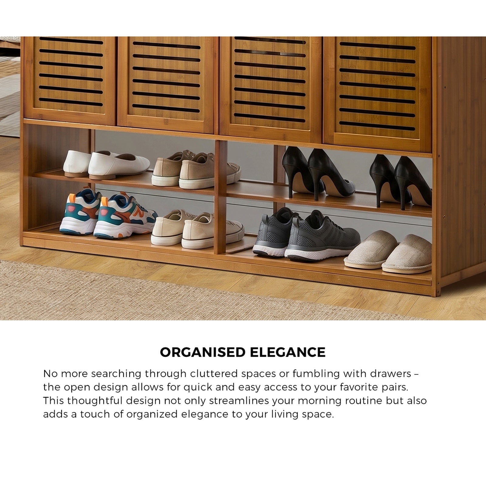 Oikiture Shoe Storage Cabinet 4 Doors Bamboo Organiser with 2 Bottom Shelf Brown