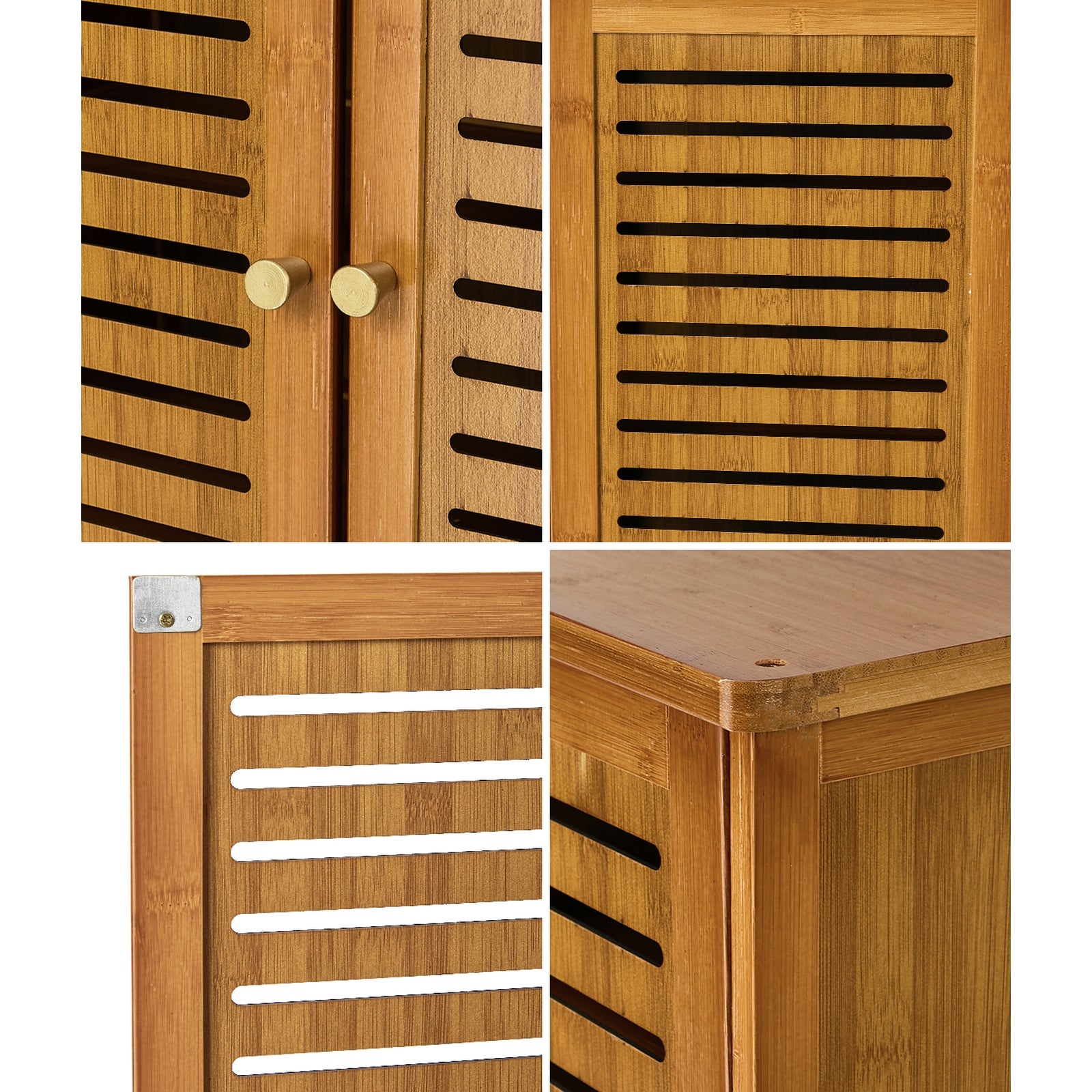 Oikiture Shoe Storage Cabinet 4 Doors Bamboo Organiser with 2 Bottom Shelf Brown
