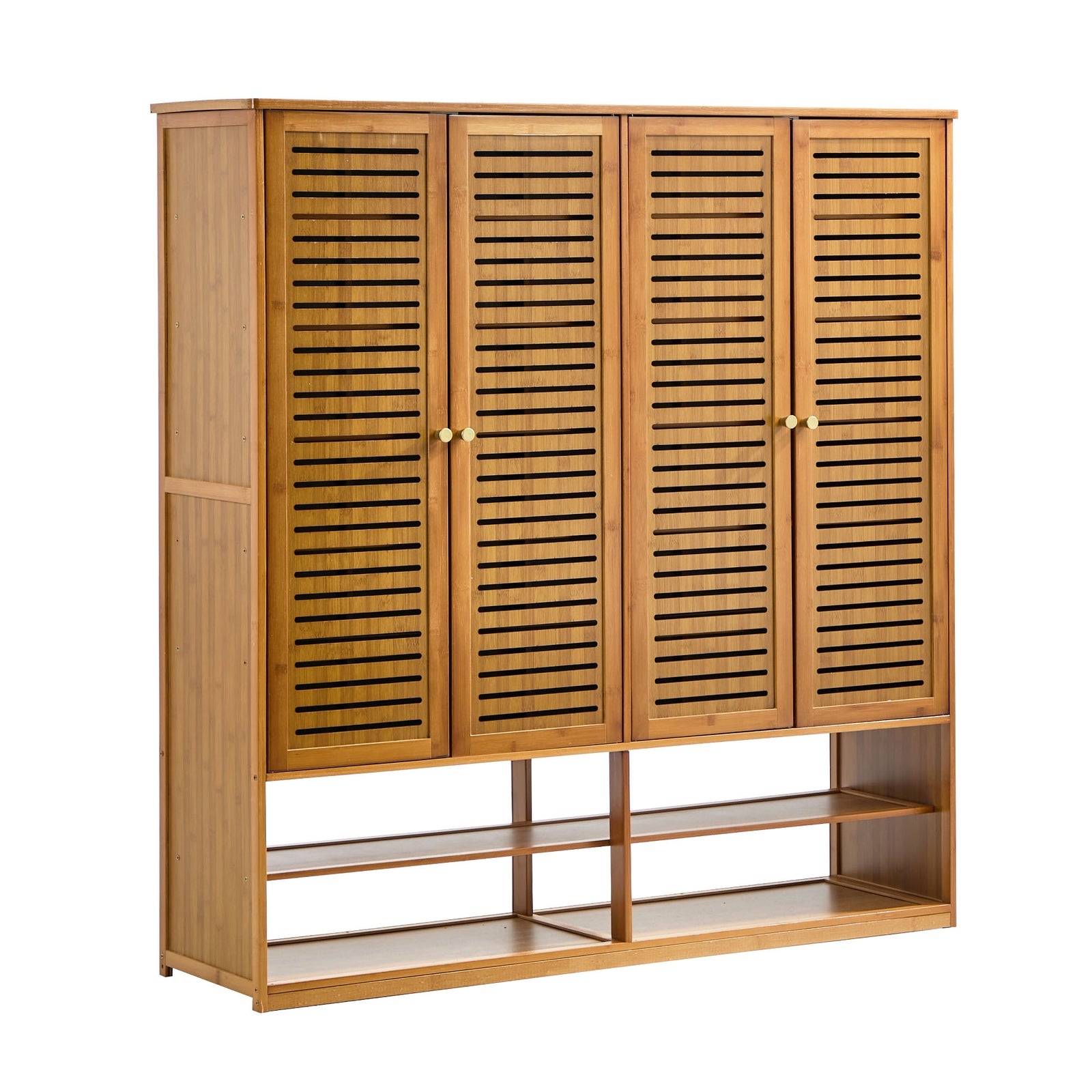 Oikiture Shoe Storage Cabinet 4 Doors Bamboo Organiser with 2 Bottom Shelf Brown