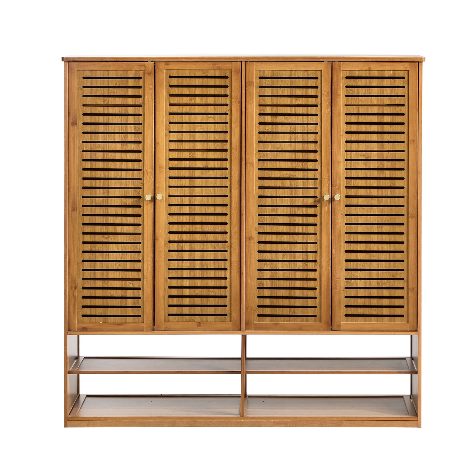 Oikiture Shoe Storage Cabinet 4 Doors Bamboo Organiser with 2 Bottom Shelf Brown
