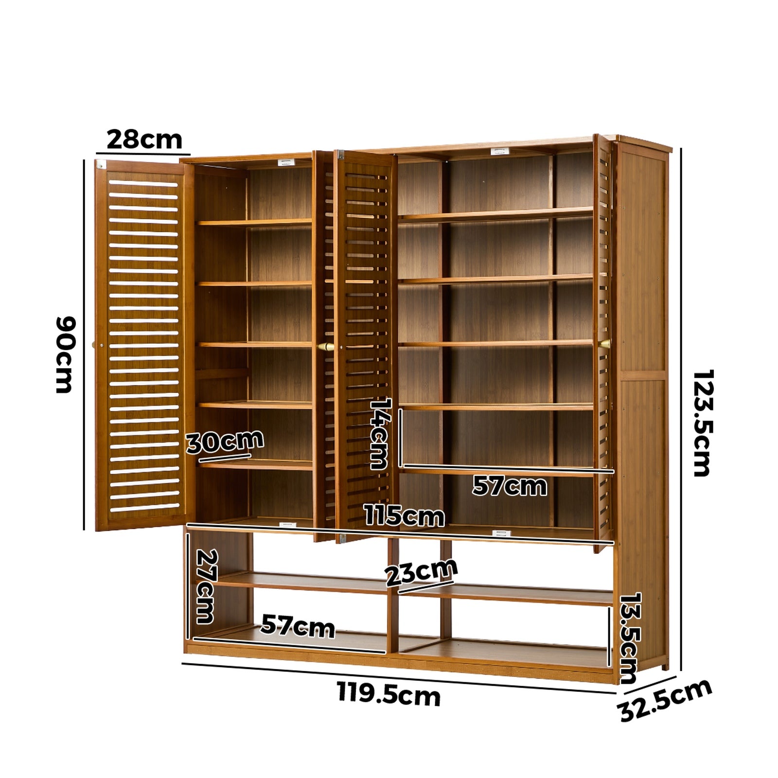 Oikiture Shoe Storage Cabinet 4 Doors Bamboo Organiser with 2 Bottom Shelf Brown