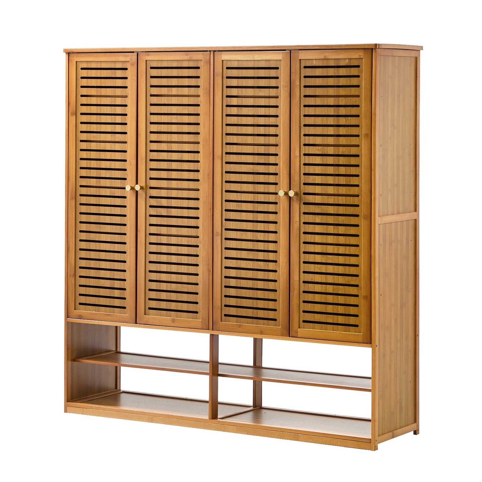 Oikiture Shoe Storage Cabinet 4 Doors Bamboo Organiser with 2 Bottom Shelf Brown