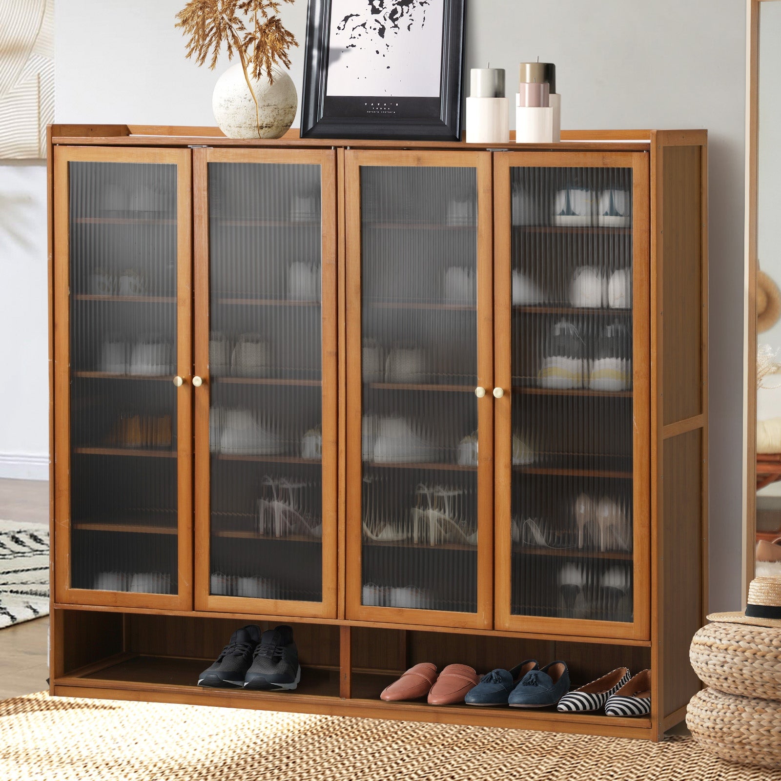 Oikiture Shoe Cabinet Shoes Storage Rack Organiser 4 Doors Shelf Brown - Sunyee