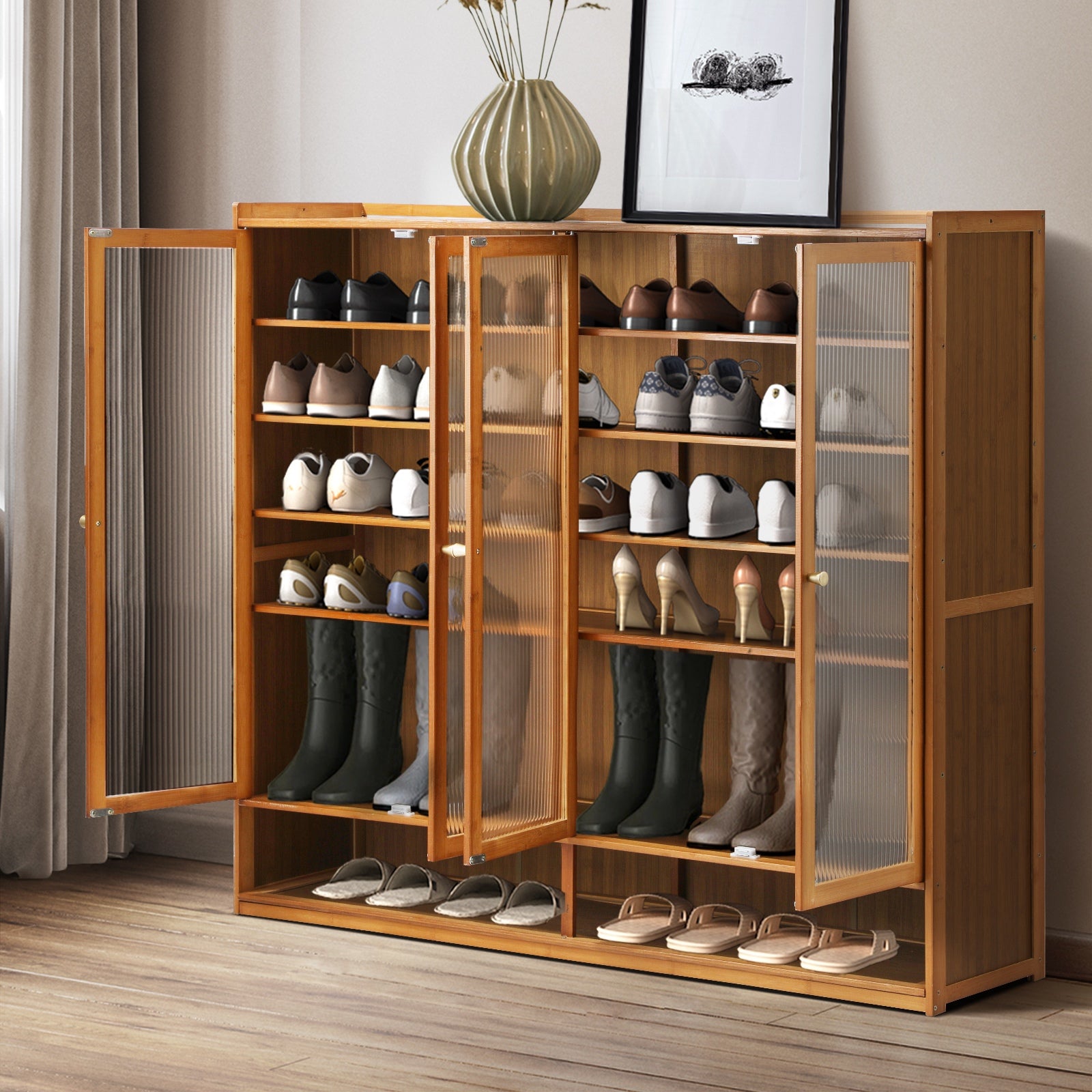 Oikiture Shoe Cabinet Shoes Storage Rack Organiser 4 Doors Shelf Brown - Sunyee