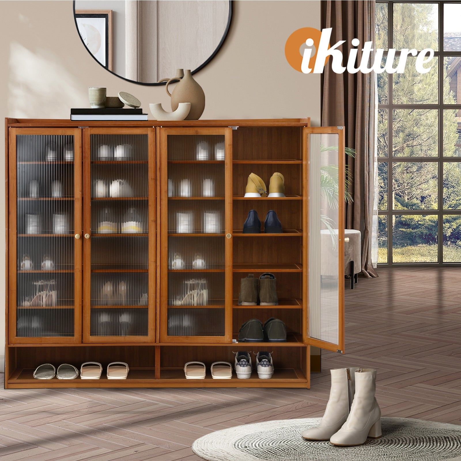 Oikiture Shoe Cabinet Shoes Storage Rack Organiser 4 Doors Shelf Brown - Sunyee