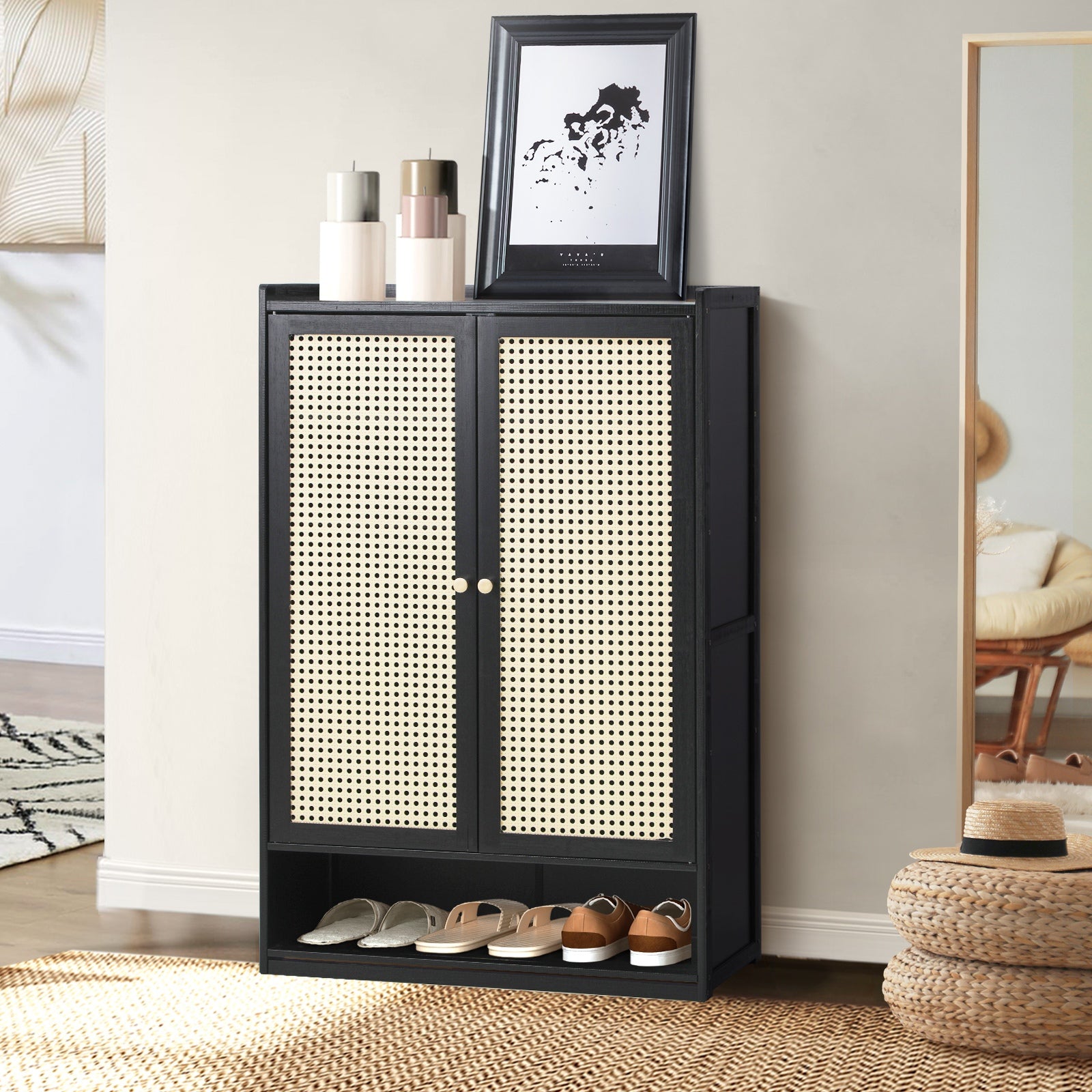 Oikiture Shoe Storage Cabinet Shoes Rack Organiser Shelf 2 Doors Rattan Black - Sunyee