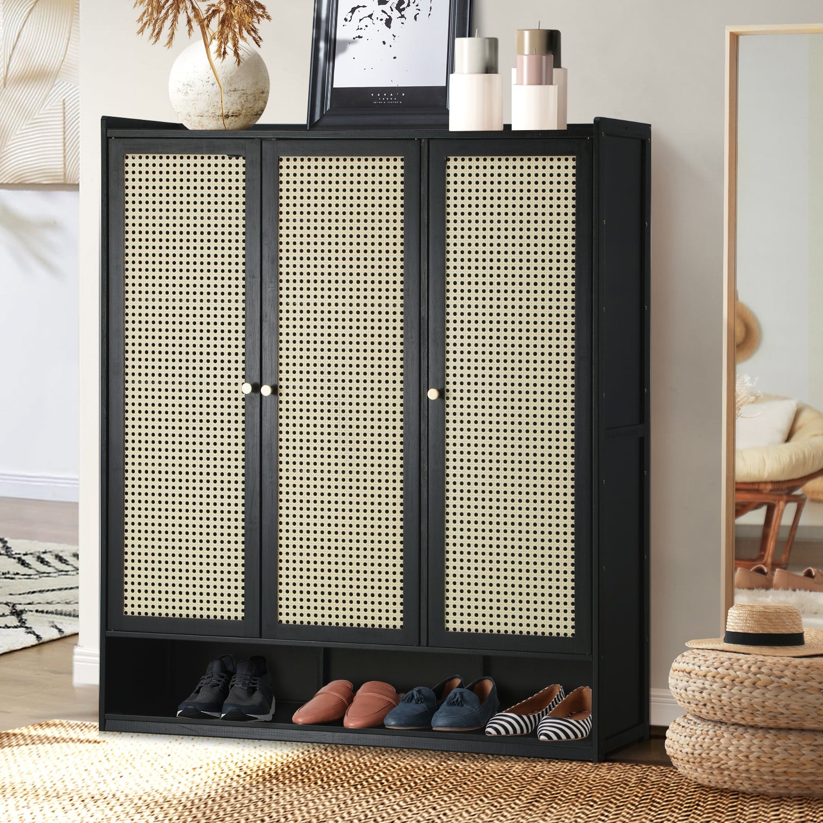 Oikiture Shoe Storage Cabinet Shoes Rack Organiser Shelf 3 Doors Rattan Style - Sunyee