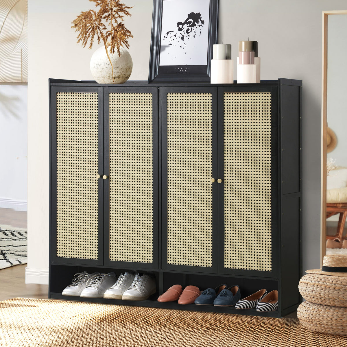 Oikiture Shoe Storage Cabinet Shoes Rack Organiser Shelf 4 Doors Rattan Black - Sunyee