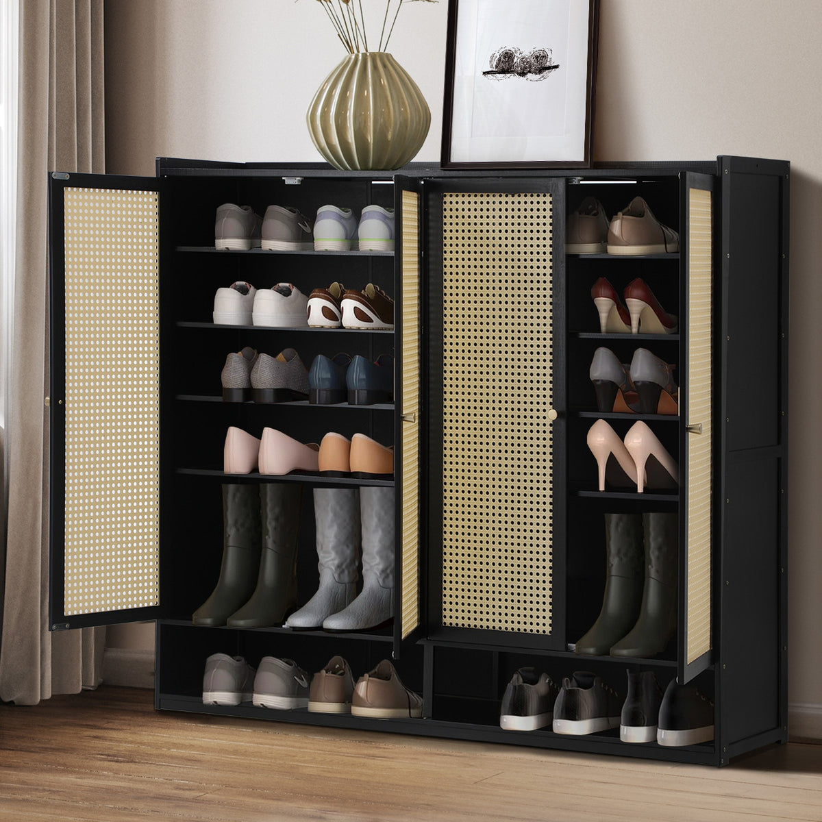 Oikiture Shoe Storage Cabinet Shoes Rack Organiser Shelf 4 Doors Rattan Black - Sunyee