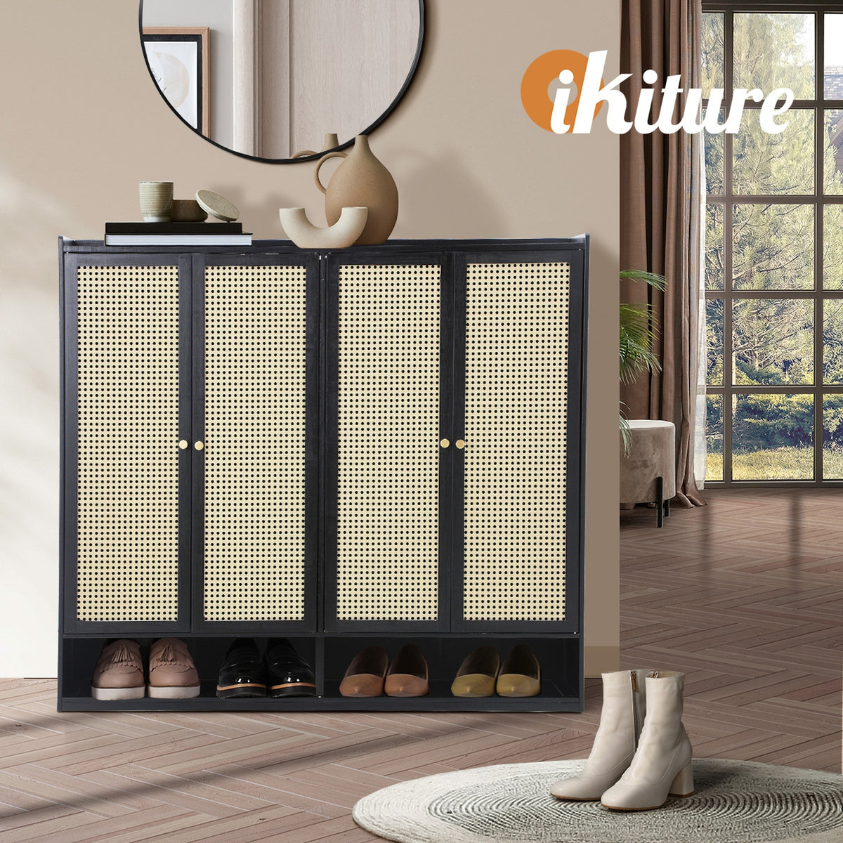 Oikiture Shoe Storage Cabinet Shoes Rack Organiser Shelf 4 Doors Rattan Black - Sunyee