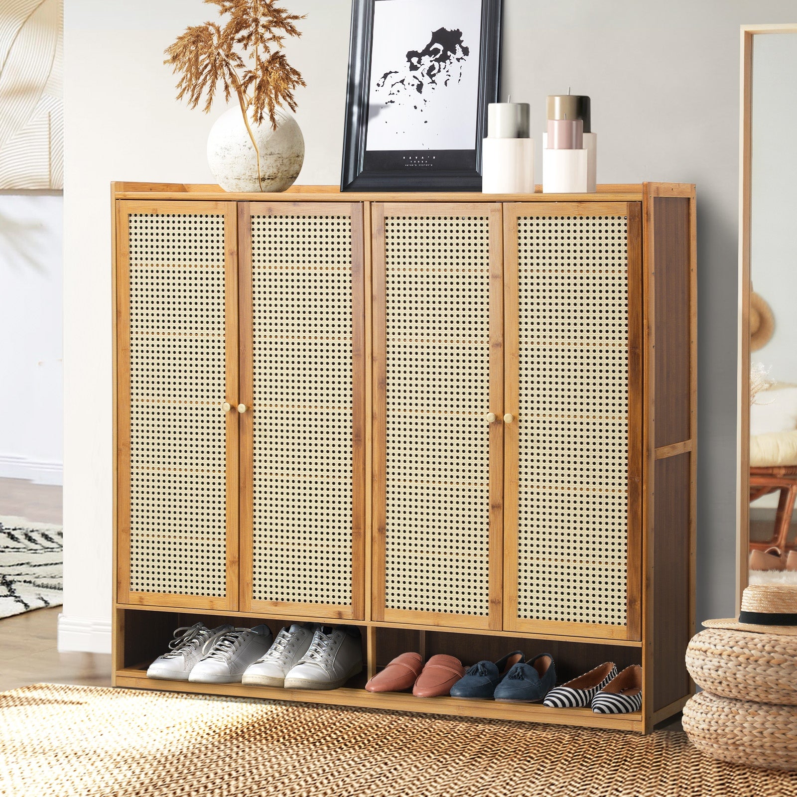 Oikiture Shoe Storage Cabinet Shoes Rack Organiser Shelf 4 Doors Rattan Brown - Sunyee