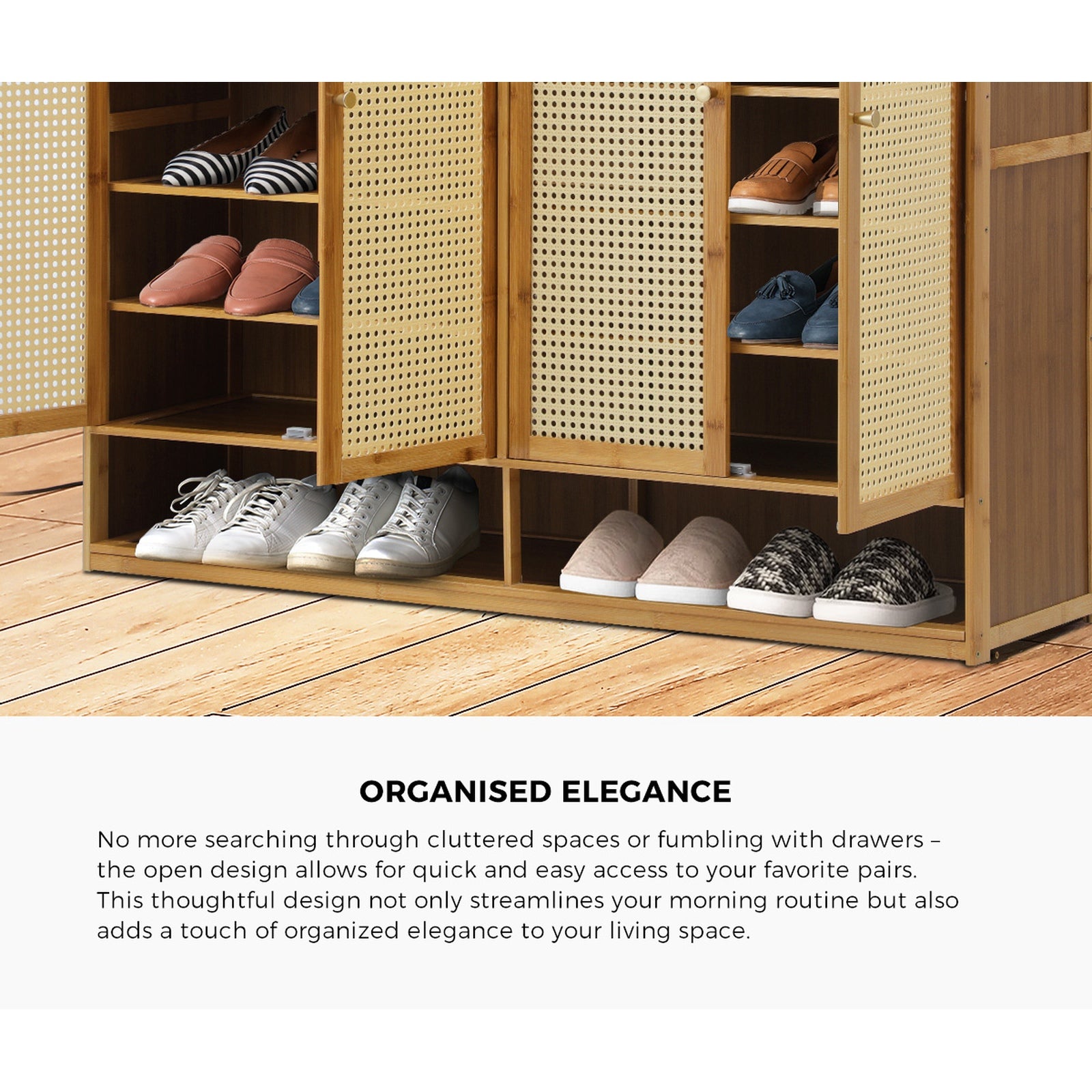 Oikiture Shoe Storage Cabinet Shoes Rack Organiser Shelf 4 Doors Rattan Brown - Sunyee