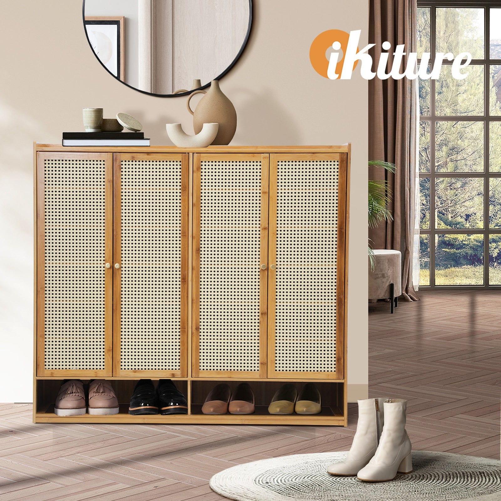 Oikiture Shoe Storage Cabinet Shoes Rack Organiser Shelf 4 Doors Rattan Brown - Sunyee