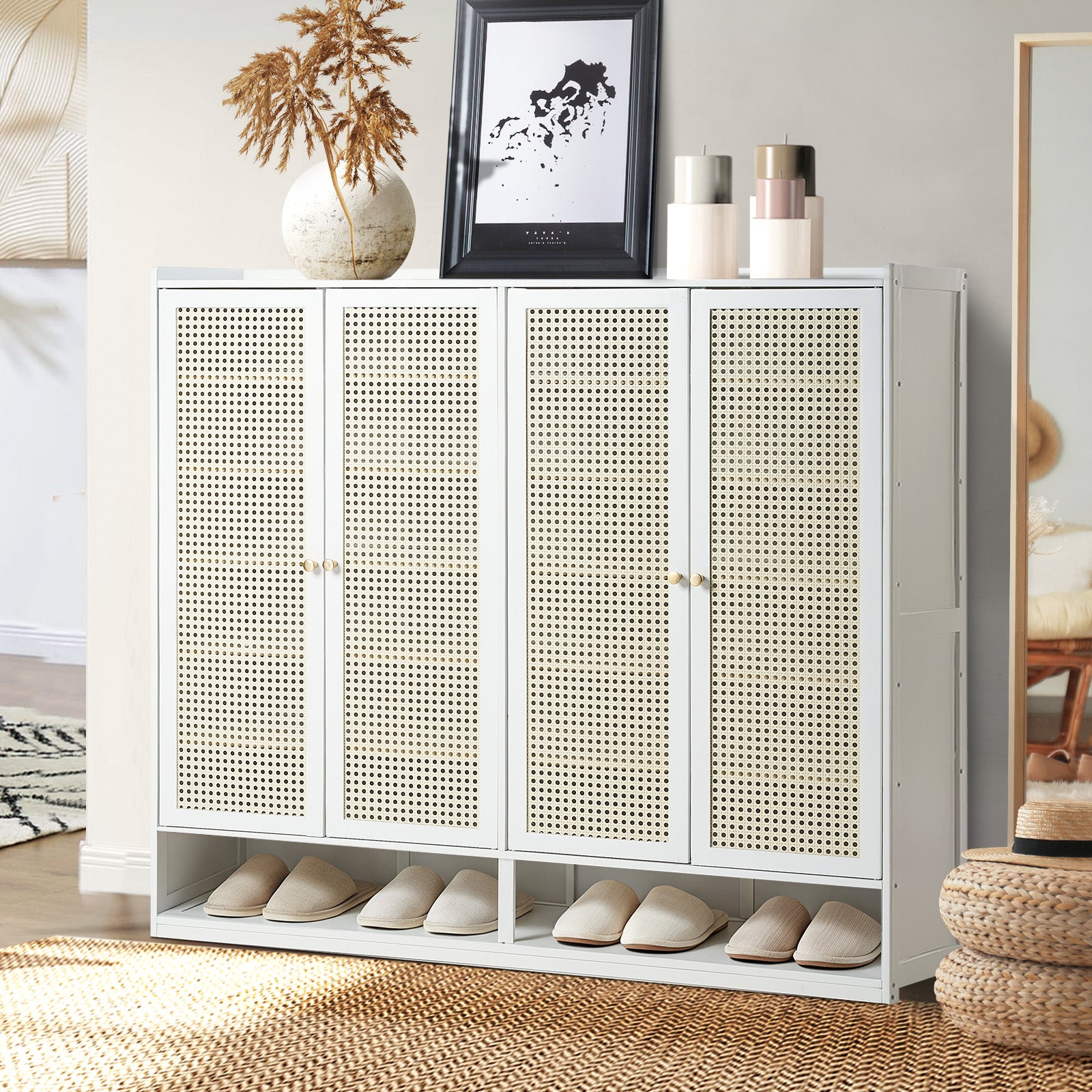 Oikiture Shoe Storage Cabinet Shoes Rack Organiser Shelf 4 Doors Rattan White