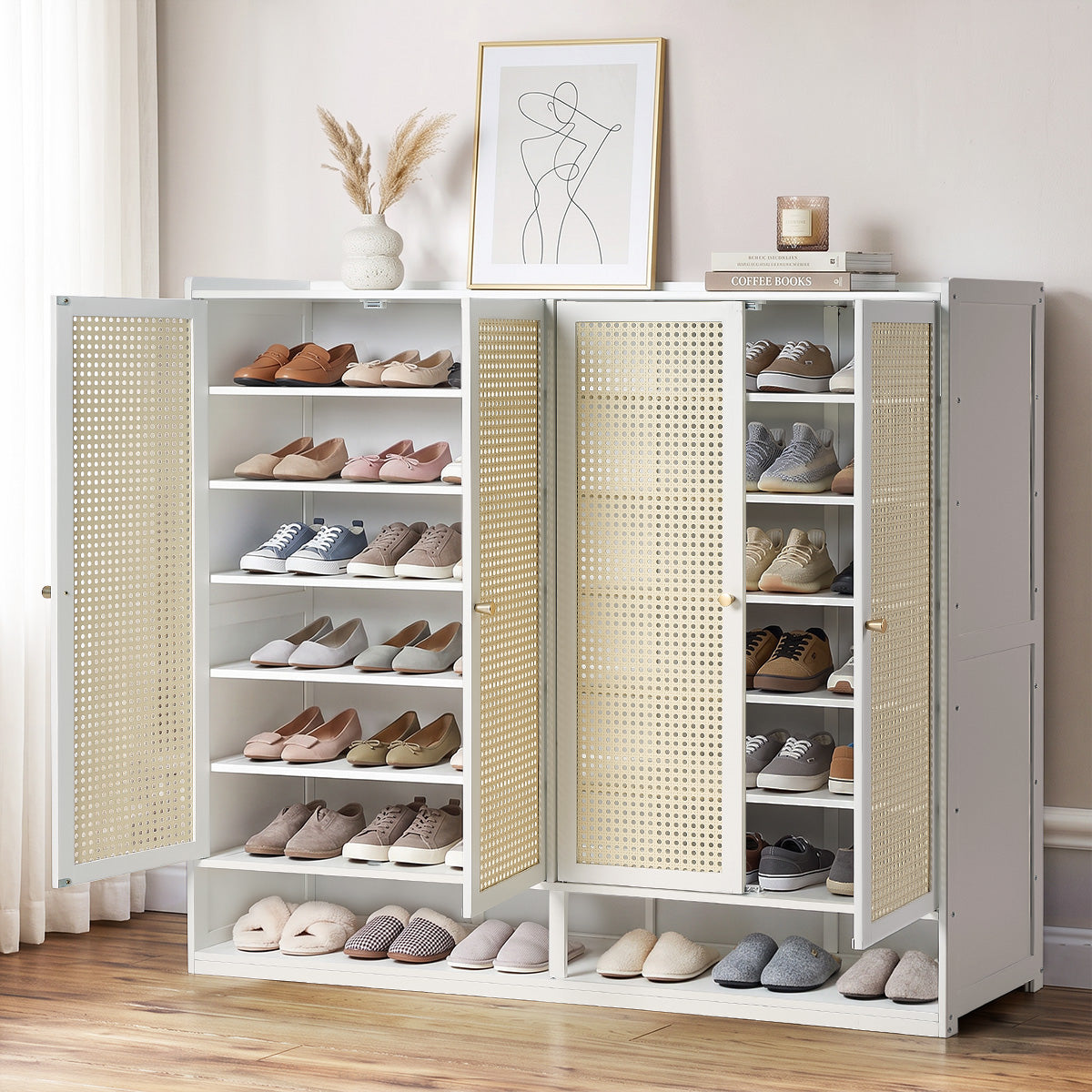Oikiture Shoe Storage Cabinet Shoes Rack Organiser Shelf 4 Doors Rattan White
