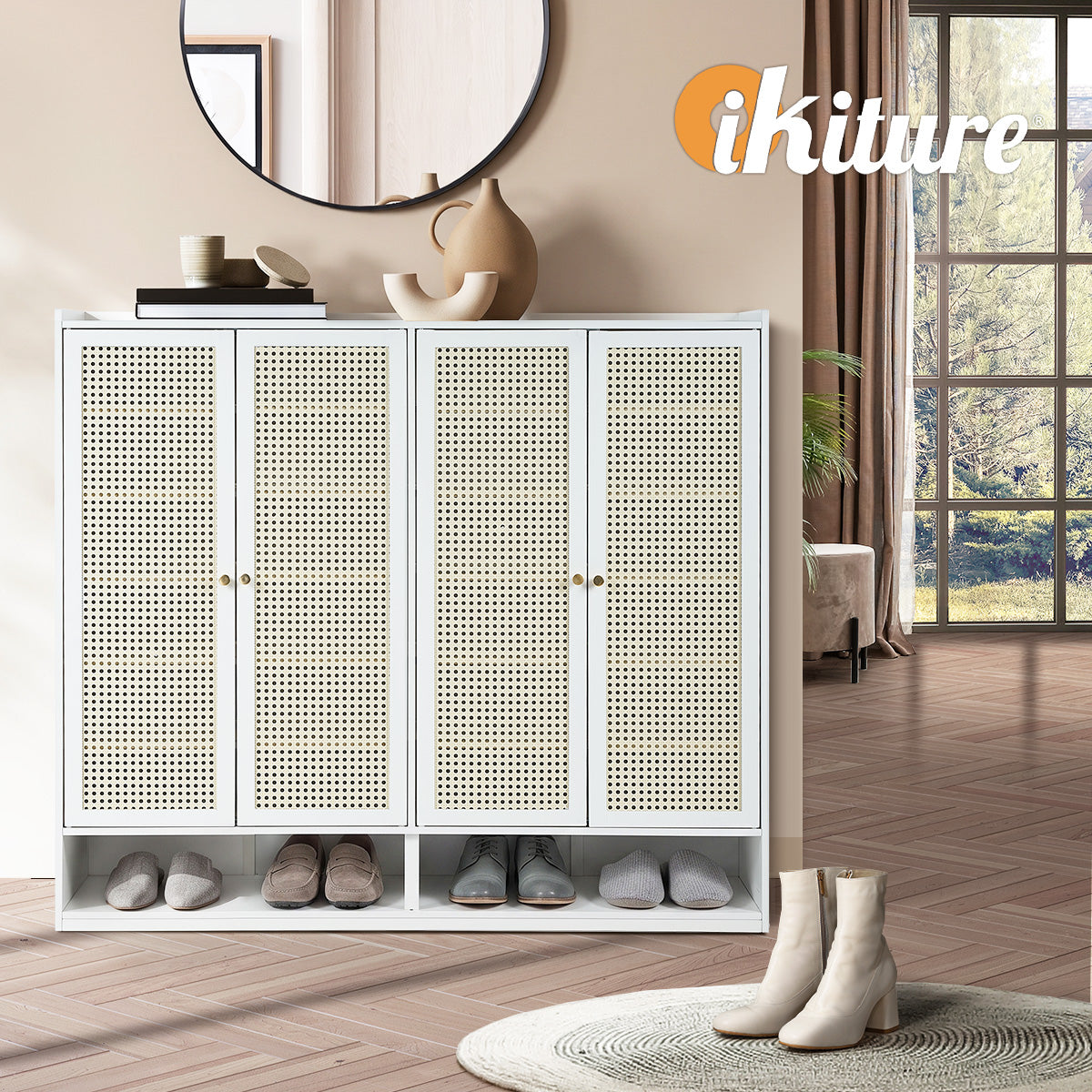 Oikiture Shoe Storage Cabinet Shoes Rack Organiser Shelf 4 Doors Rattan White