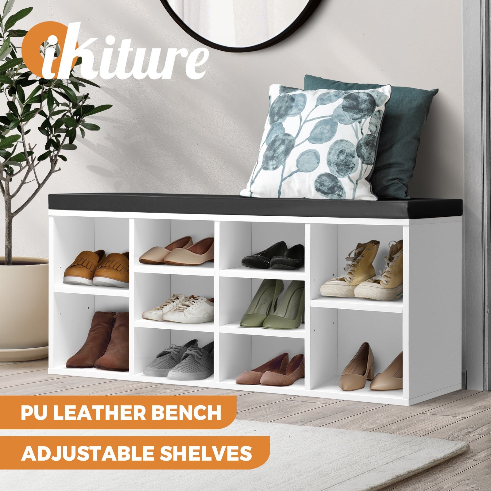 Oikiture Shoe Cabinet Bench Shoe Storage Rack PU Padded Seat Organiser Cupboard - Sunyee
