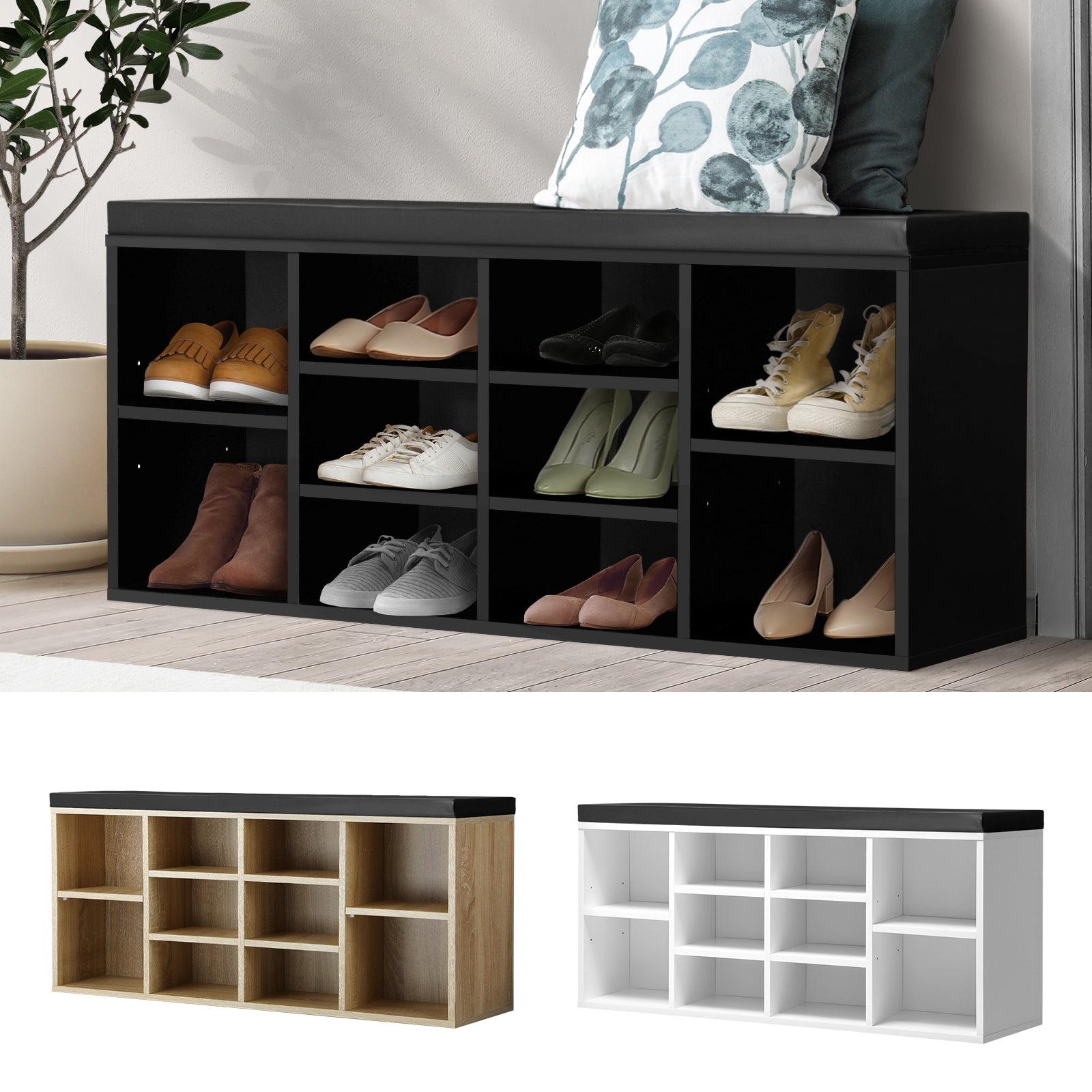 Oikiture Shoe Cabinet Bench Shoe Storage Rack PU Padded Seat Organiser Cupboard - Sunyee