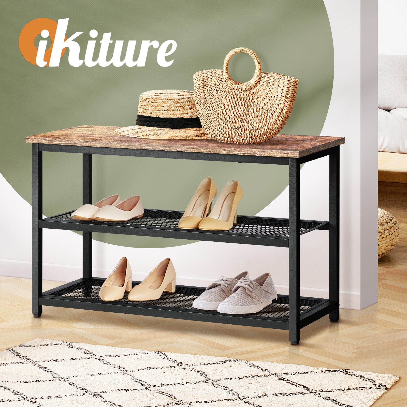 Oikiture Shoe Cabinet Bench Shoes Rack Shelf Storage 3-Tier Industrial Furniture - Sunyee
