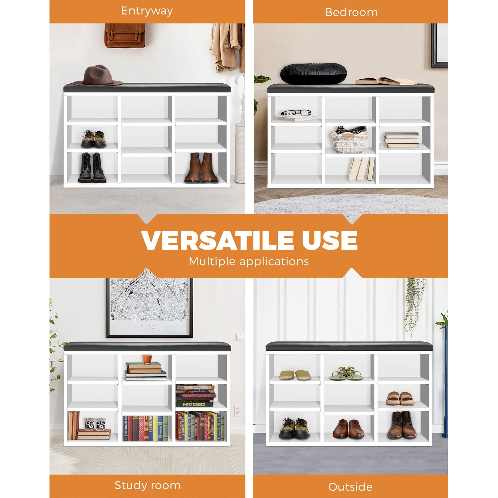 Oikiture Shoe Cabinet Bench Organiser Shoe Rack Storage Padded Seat Wooden Shelf - Sunyee