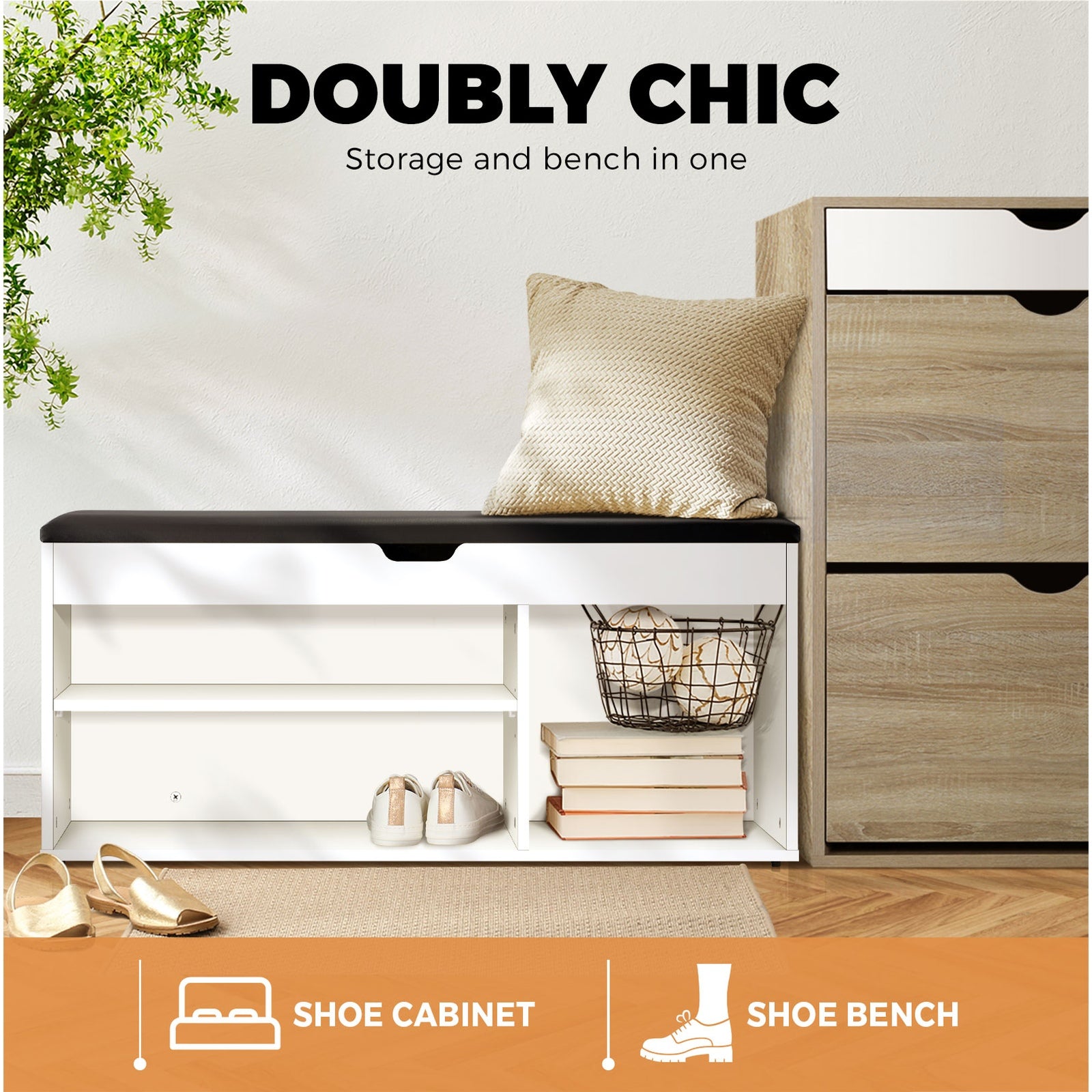 Oikiture Shoe Cabinet Bench Shoe Storage Rack Padded Seat Organiser Wooden Shelf - Sunyee