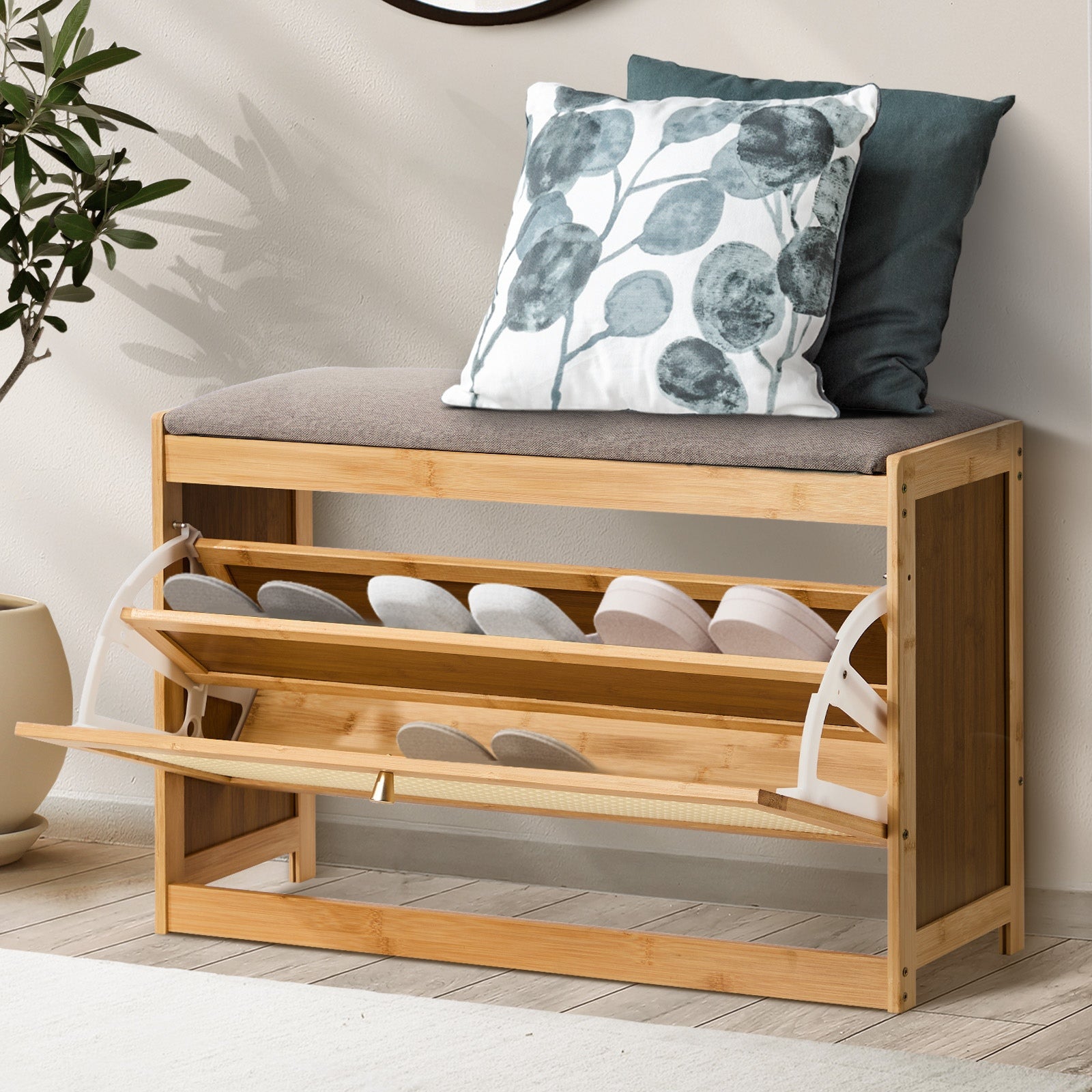 Oikiture Shoe Storage Bench Bamboo 2 in 1 Organiser Shelf with Seat 70cm - Sunyee