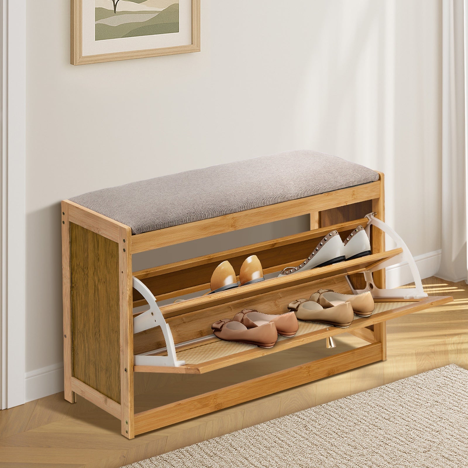 Oikiture Shoe Storage Bench Bamboo 2 in 1 Organiser Shelf with Seat 70cm - Sunyee