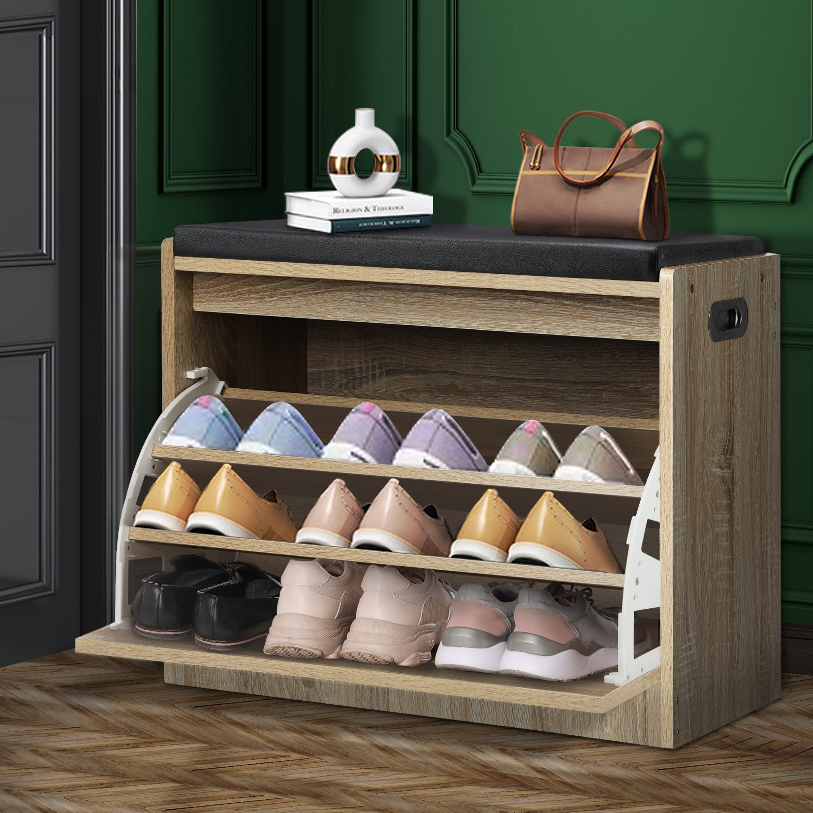 Oikiture Shoe Cabinet Bench Shoes Storage Organiser Cupboard Wooden - Sunyee