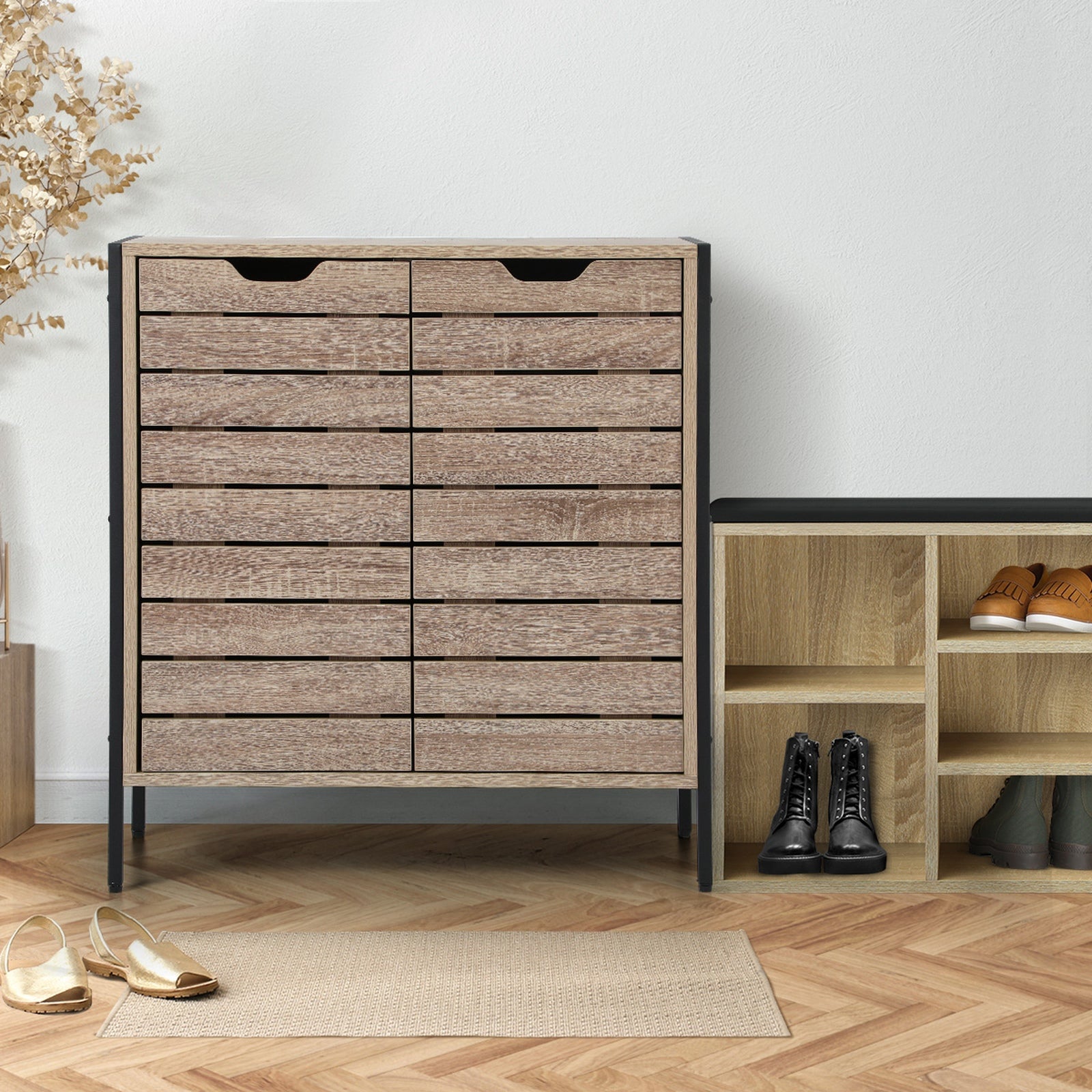 Oikiture Shoe Rack Shoes Storage Cabinet Organiser Shelf 2 Doors Brown - Sunyee