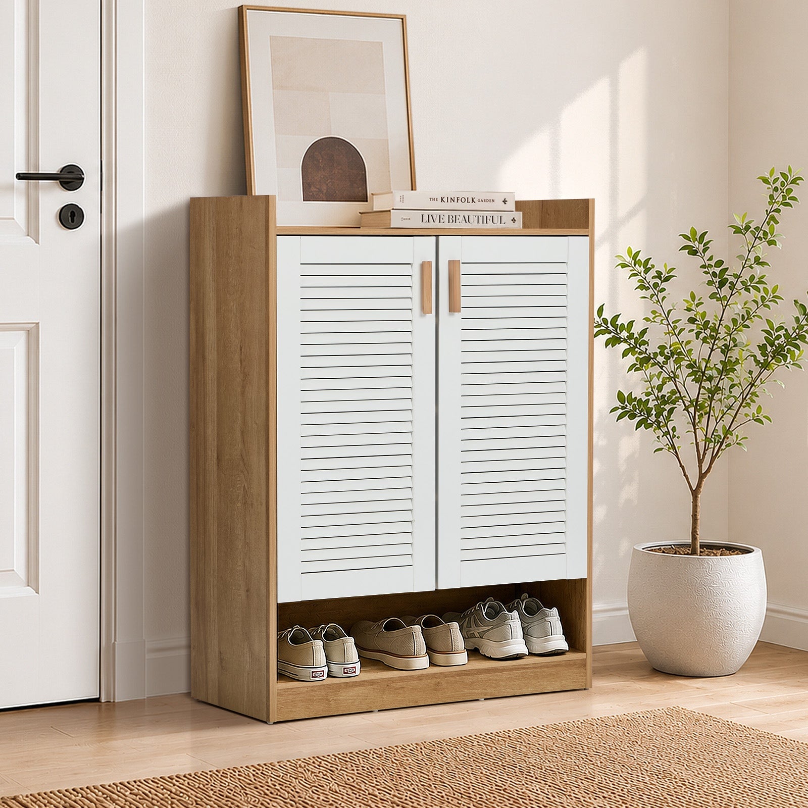 Oikiture Shoe Storage Cabinet 5-Tier Rack 2 Doors Organiser Shelf Enterway