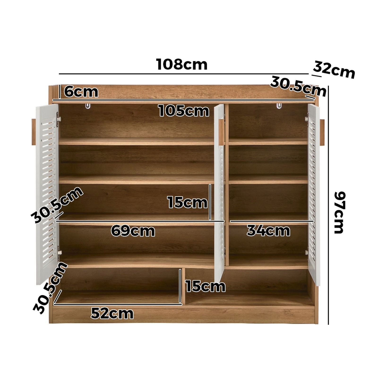 Oikiture Shoe Storage Cabinet 5-Tier Rack 3 Doors Organiser Shelf Cupboard