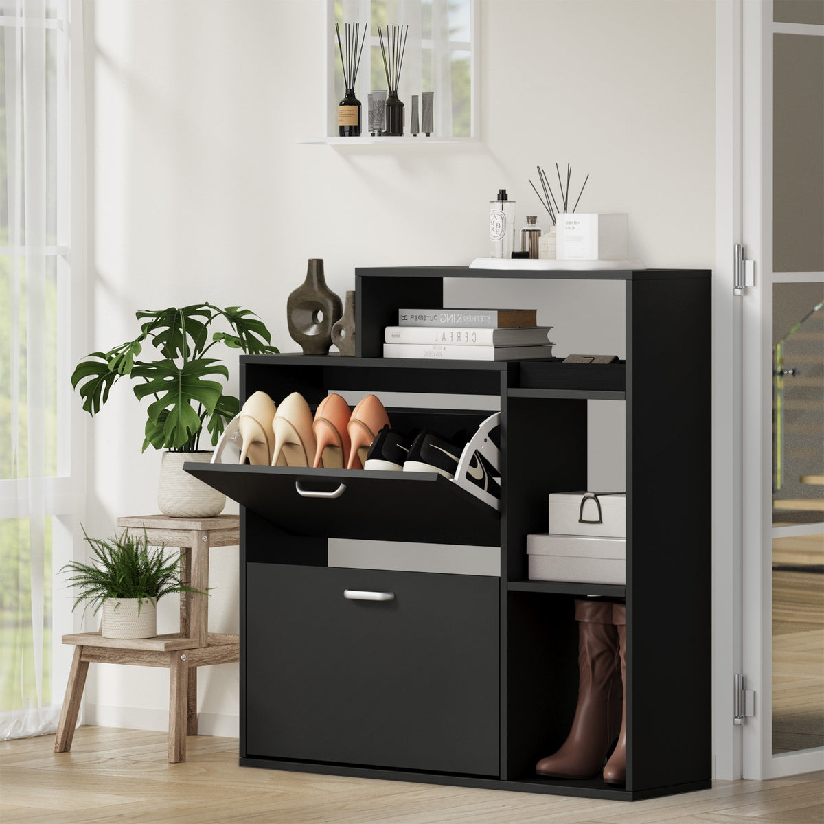 Oikiture Shoe Cabinet Storage 2 Doors Shoes Rack Display Wooden Shelves Black - Sunyee