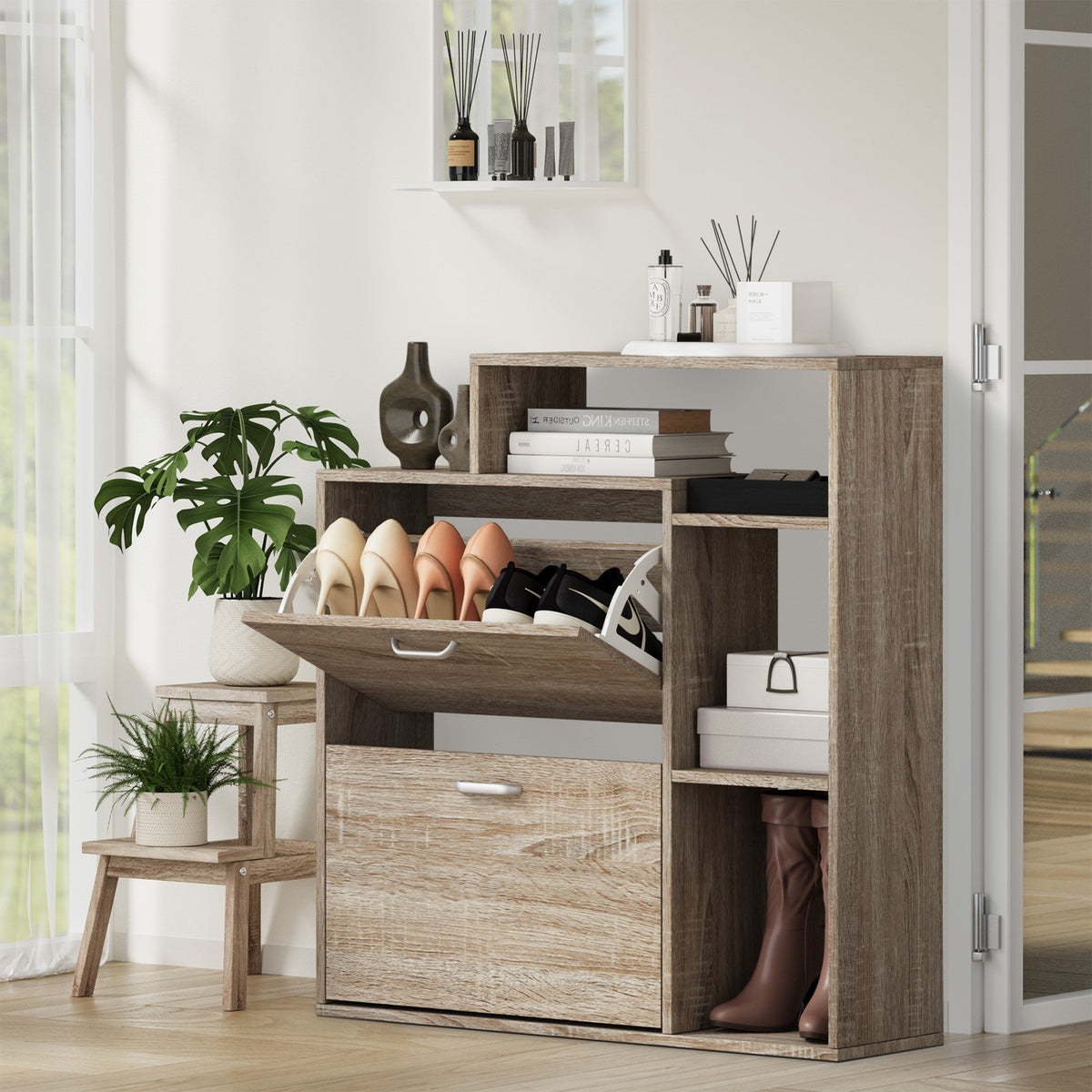 Oikiture Shoe Cabinet Storage 2 Doors Shoes Rack Display Wooden with Shelves - Sunyee