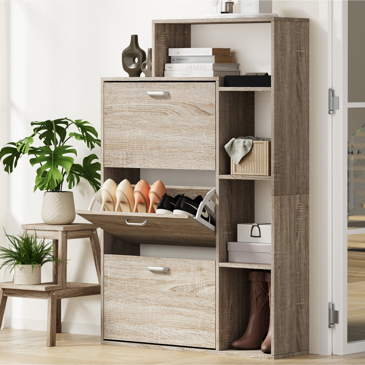 Oikiture Shoe Cabinet Storage 3 Doors Shoes Rack Display Wooden with Shelves - Sunyee