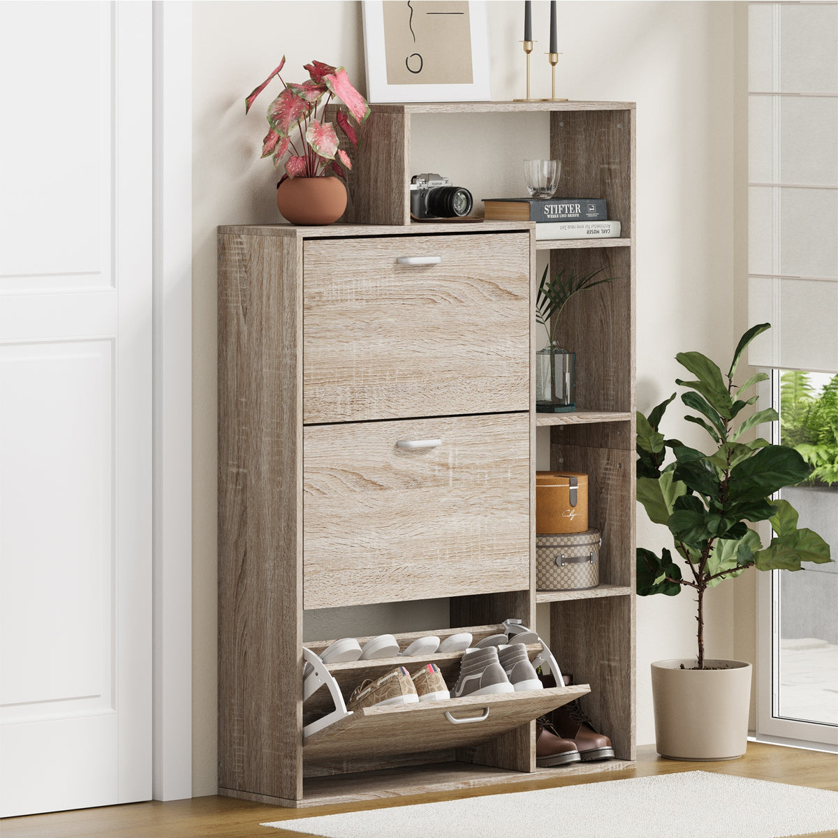 Oikiture Shoe Cabinet Storage 3 Doors Shoes Rack Display Wooden with Shelves - Sunyee