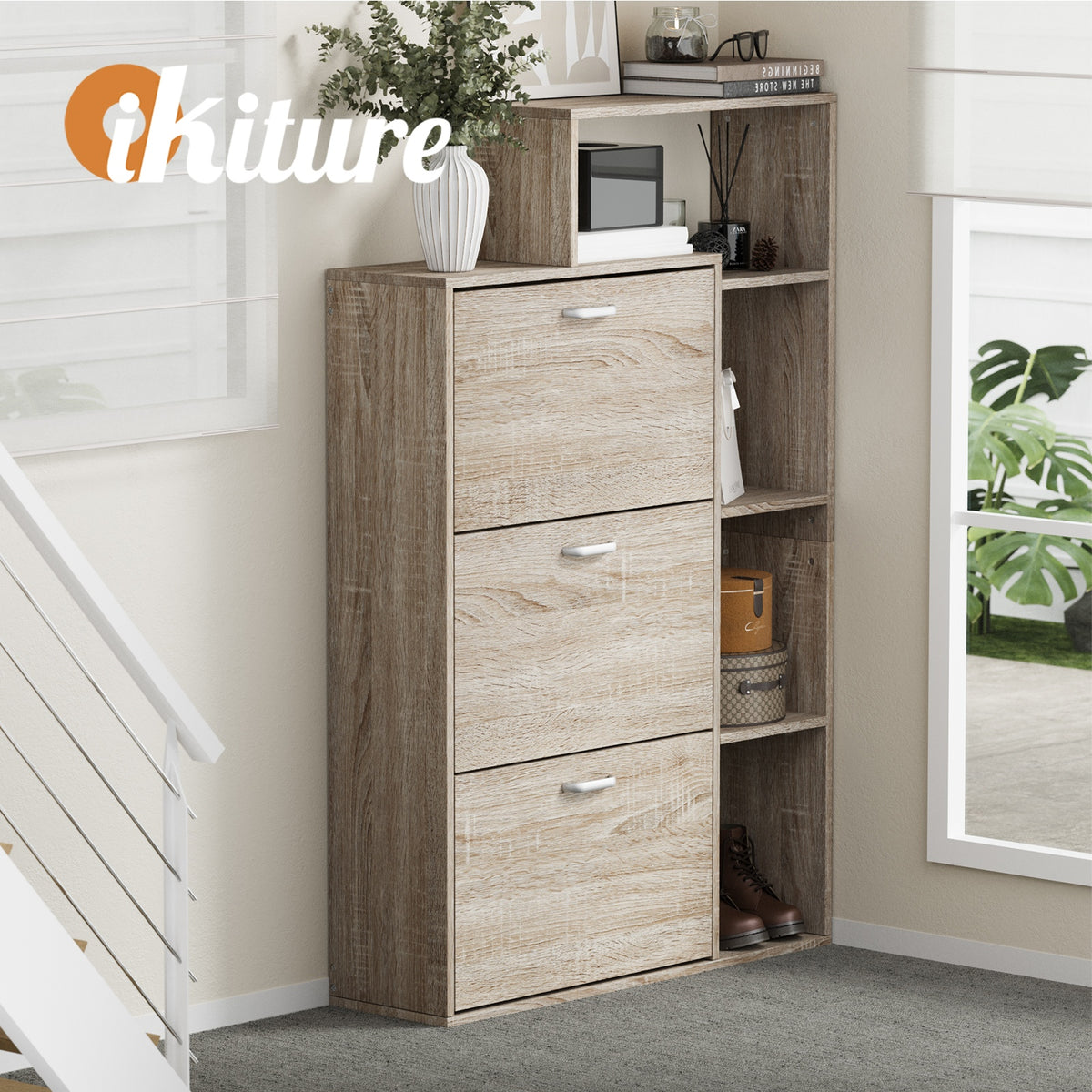 Oikiture Shoe Cabinet Storage 3 Doors Shoes Rack Display Wooden with Shelves - Sunyee